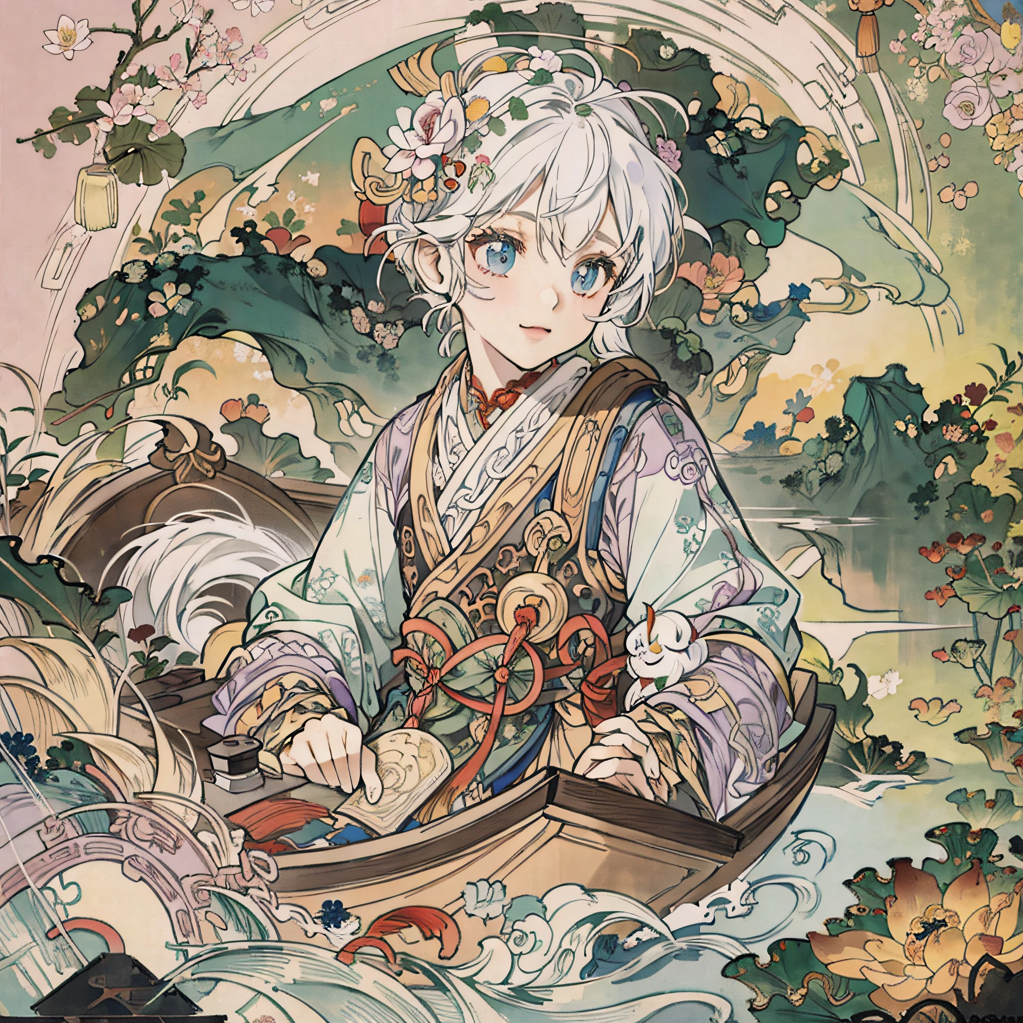 Poster design, (SFW), a rowing a boat, wearing Chinese Hanfu, the boat is covered with flowers, Dragon Boat Festival, zongzi, happy, the background is shuttling between mountains and lakes, the lake is full of lotus flowers and lotus leaves, perfect quality, clear focus, colorful, perfect face, intricate details, ultra-low viewing angle, wide angle lens