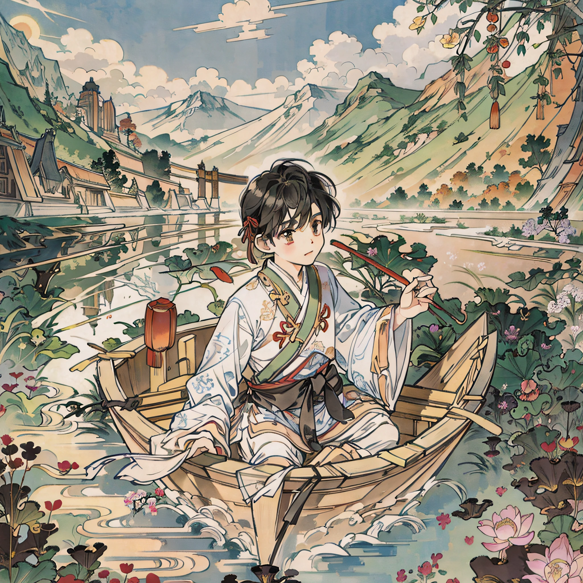 Poster design, (SFW), a rowing a boat, wearing Chinese Hanfu, the boat is covered with flowers, Dragon Boat Festival, zongzi, happy, the background is shuttling between mountains and lakes, the lake is full of lotus flowers and lotus leaves, perfect quality, clear focus, colorful, perfect face, intricate details, ultra-low viewing angle, wide angle lens