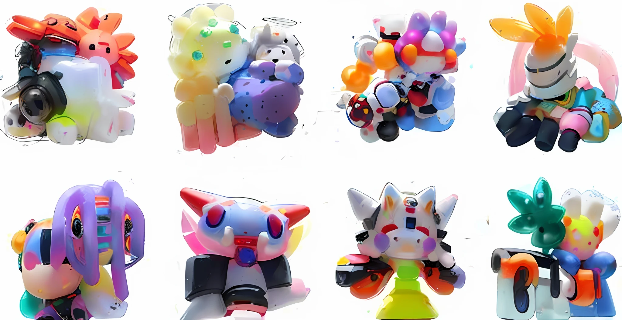 a close up of a bunch of different toys on a white surface, art toys, y 2 k cutecore clowncore, biopunk toys made in china, toys figures, art toy, sofubi, vinyl toy figurine, (((luke chueh))), art toys on a pedestal, art toys collectible figurine, frank kozik, dreamy