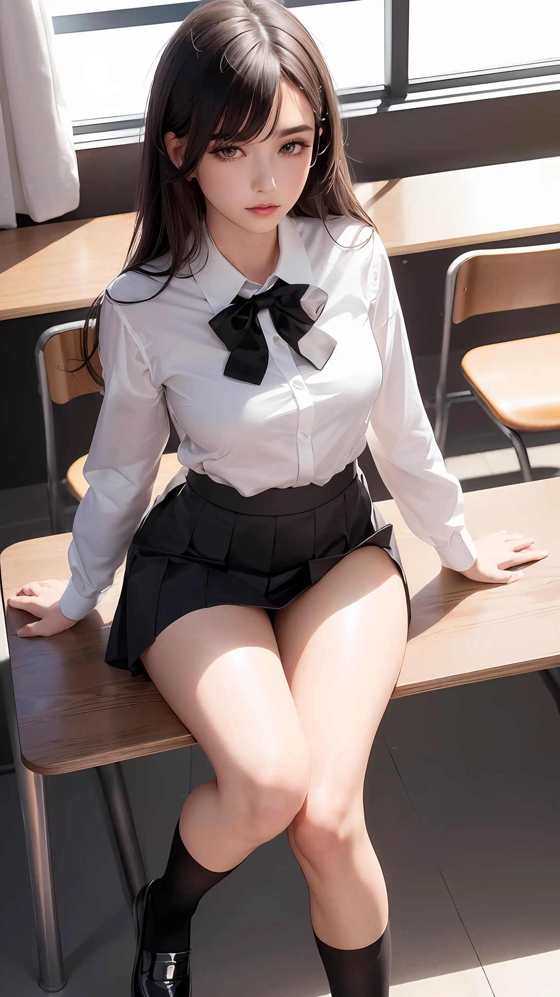 ((Medium-breasted, Small Head)), (Perfect Body: 1.1), (Young), (Short Wavy Hair: 1.2), (((School Uniform)), (Highly Detailed CG 8k Wallpaper), (Very Delicate and Beautiful), (Masterpiece), (Best Quality: 1.0), (Ultra High Definition: 1.0), Beautiful Lighting, Realistic Shadows, [Hi-Res], (((Realistic Skin))), Ultra Detail, A Little Thicker Thigh, ( Beautiful Long Hair), Beautiful Big,(Blush), Photonic, Realistic Face, Realistic Eyes, (Small Eyes), (Eyeliner), (Mascara), Sexy, (Sexy Woman), (Adult Woman), (Dark Brown Hair), Pictures of 20 Year Old Women, (White Lace Panties), (Sitting with Legs Spread On Wooden Chairs in Classroom)(School Uniforms), Blurry Background,( Long black socks above the knee),(white shirt),loafers, black socks, (black tie), (black pleated skirt), bangs, brown footwear, (shiny big), school background, (clear brown eyes),sitting, panty shot, legs spread wide, (shiny all over the body)(glossy on the body),((legs spread wide)),hands behind the back, shiny on the legs, shiny on the legs, sweat, ( gloss on the legs), absolute area, knees raised wide, knees wide open, resting more on a chair,