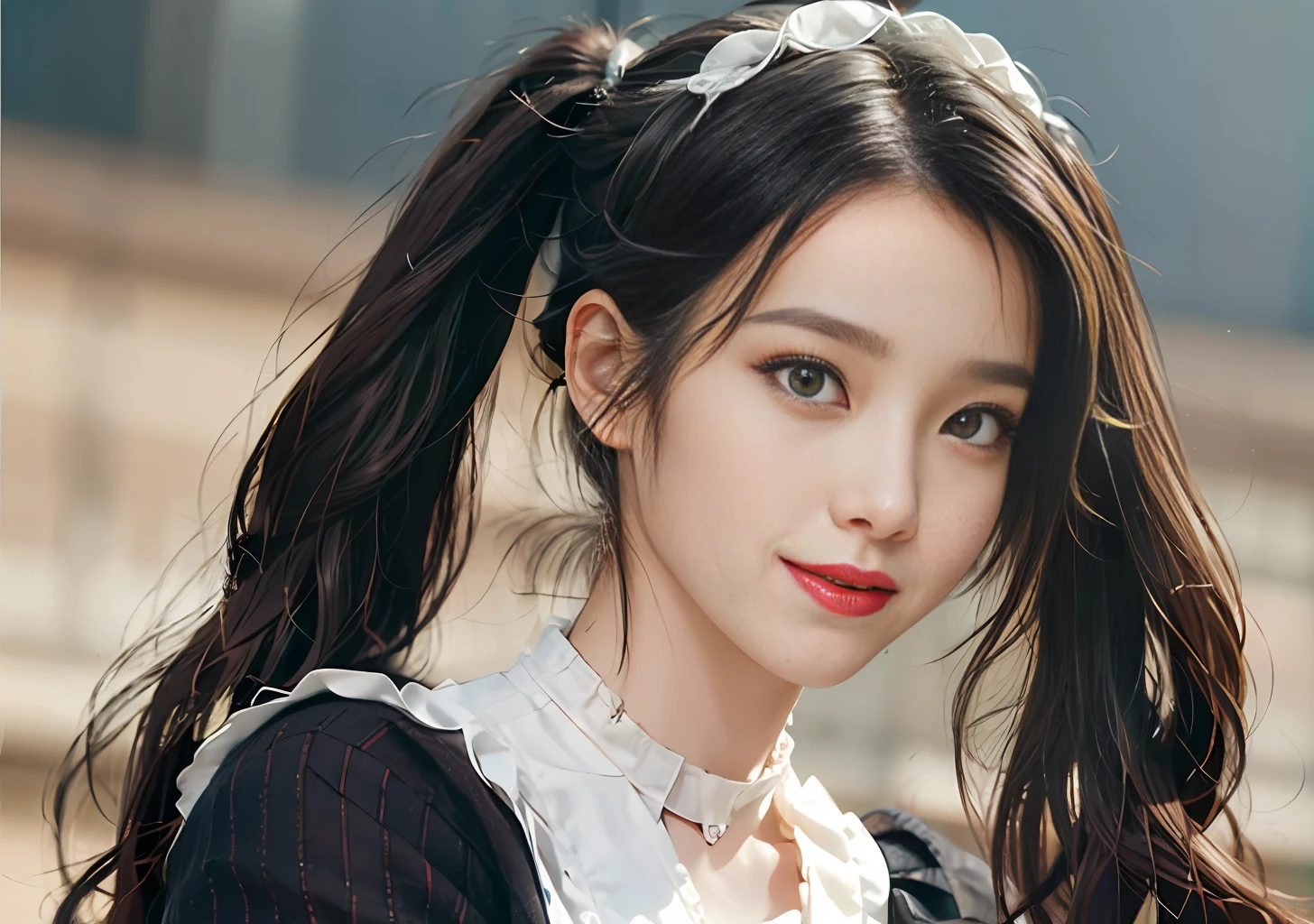 black hair, hair bobbles, longeyelashes, solid circle eyes, ear blush, twintails, maid headdress, drop shadow, anaglyph, stereogram, tachi-e, pov, atmospheric perspective, cowboy shot, 8k, super detail, ccurate, best quality, looking at viewer, smile,sweet_ta,standing ,beautiful detailed eyes and face,Full body photo