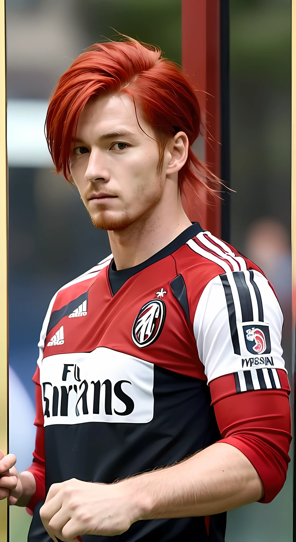 Footballer, Soccer Player, Ballon d'Or, World Class, Ace Striker, No. 9, #9, Real Soccer Player, Red Hair, Red Hair, Red Hair, Active in Europe, 183cm, 74kg, FW, Japan, Japanese, Red Vertical Striped Uniform, White Pants, #9, AC Milan, Black Beard,