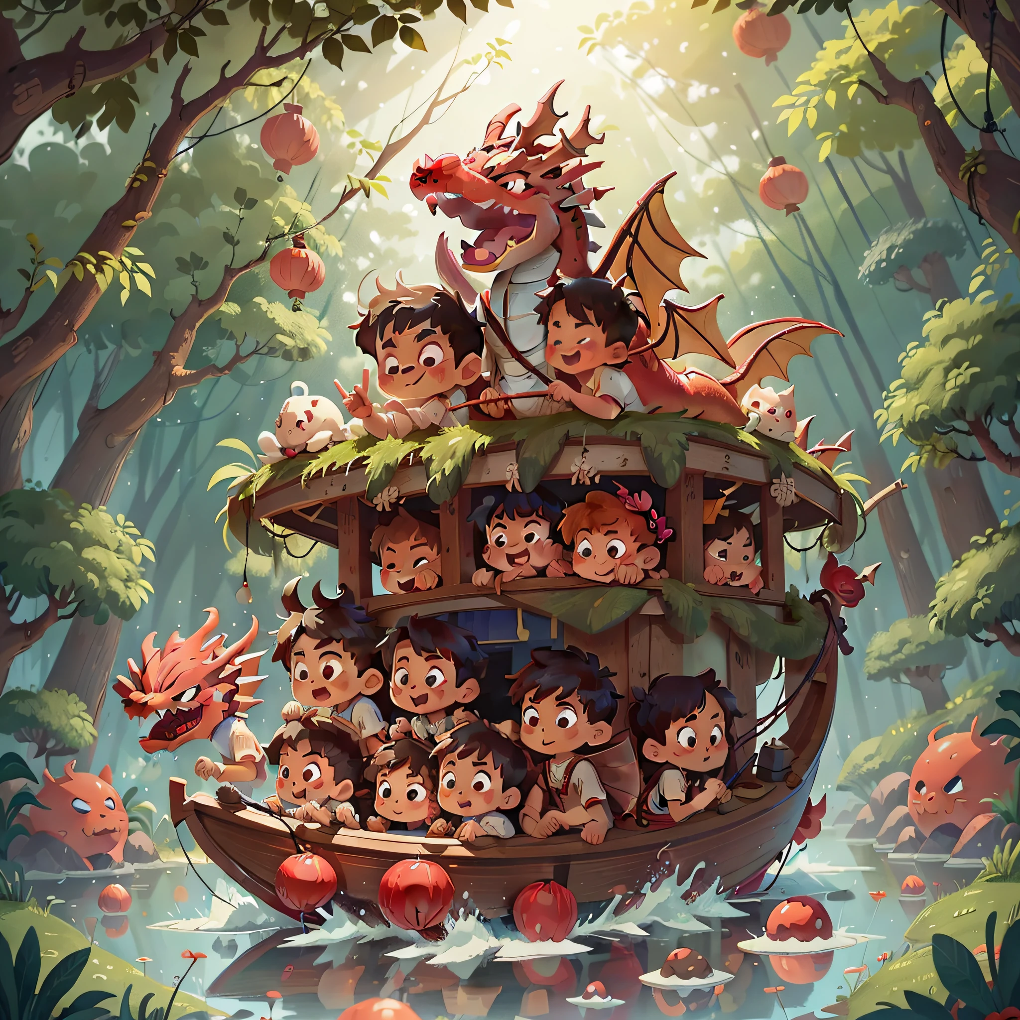 A group of cute boys and girls in a boat, the bow of the boat has a red (Chinese dragon head 1.5), Chinese dragon, Chinese style, in the bamboo forest, festive, happy, happy, perfect quality, clear focus, red as the main tone, colorful, perfect face, intricate details, ultra-low viewing angle, wide angle lens --v 6