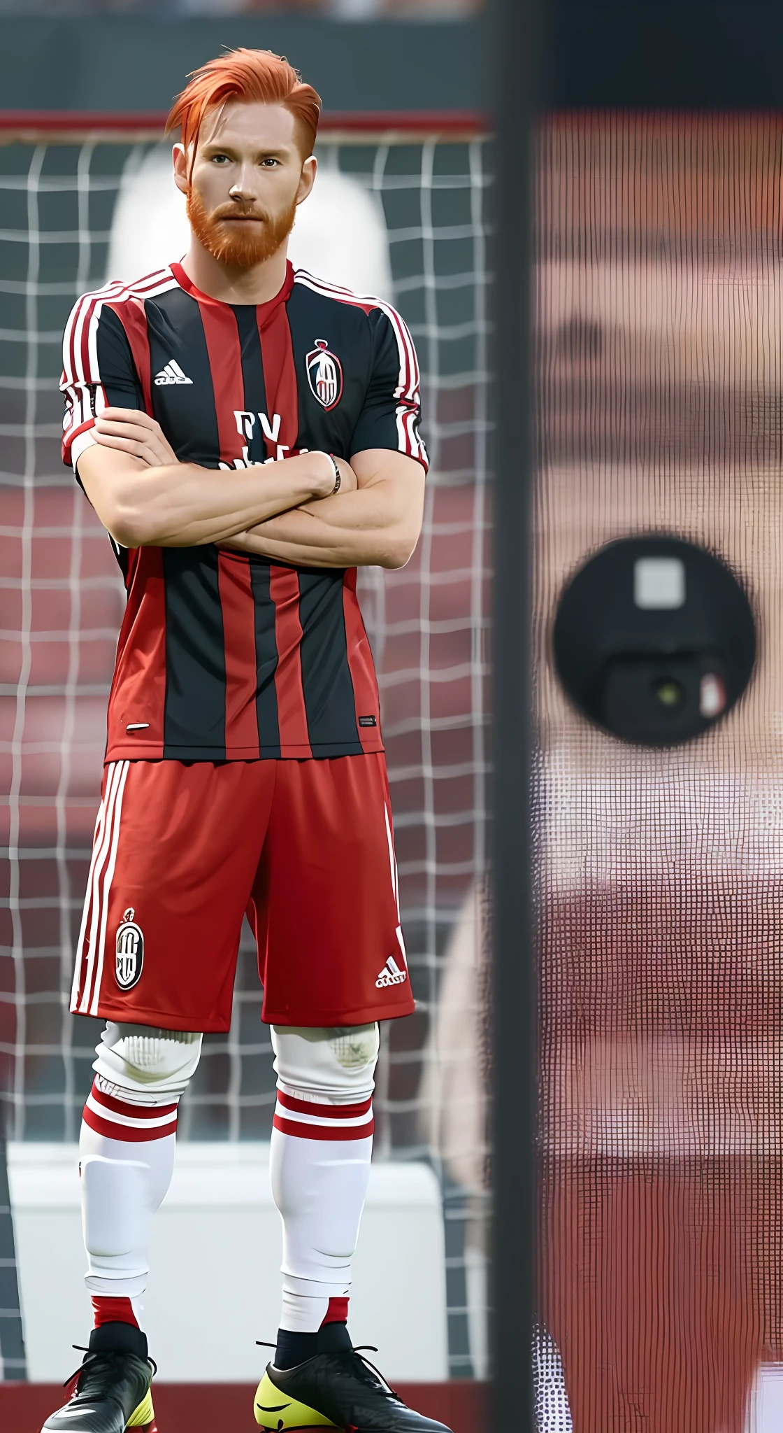Footballer, Soccer Player, Ballon d'Or, World Class, Ace Striker, No. 9, #9, Real Soccer Player, Red Hair, Red Hair, Red Hair, Active in Europe, 183cm, 74kg, FW, Japan, Japanese, Red Vertical Striped Uniform, White Pants, #9, AC Milan, Black Beard,