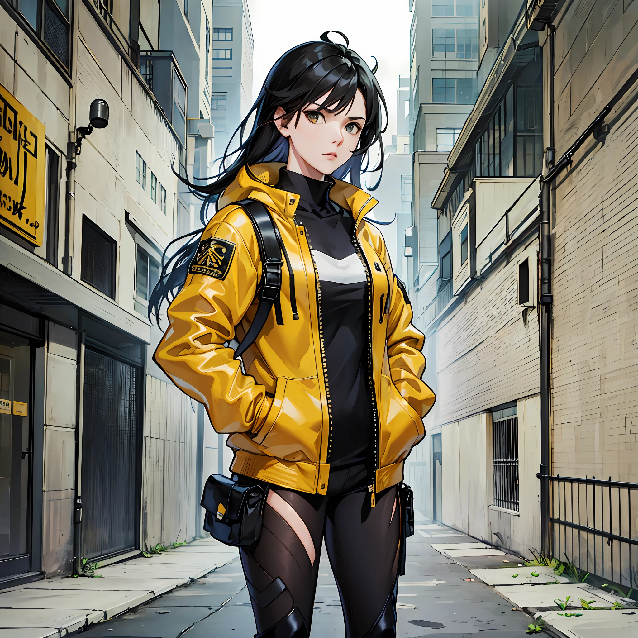 A girl, yellow jacket, hands in pockets, staring at another person, long black hair, 8k resolution, very detailed, anatomically correct, digital painting, concept art, Shinkai Makoto style, clear picture, --auto --s2