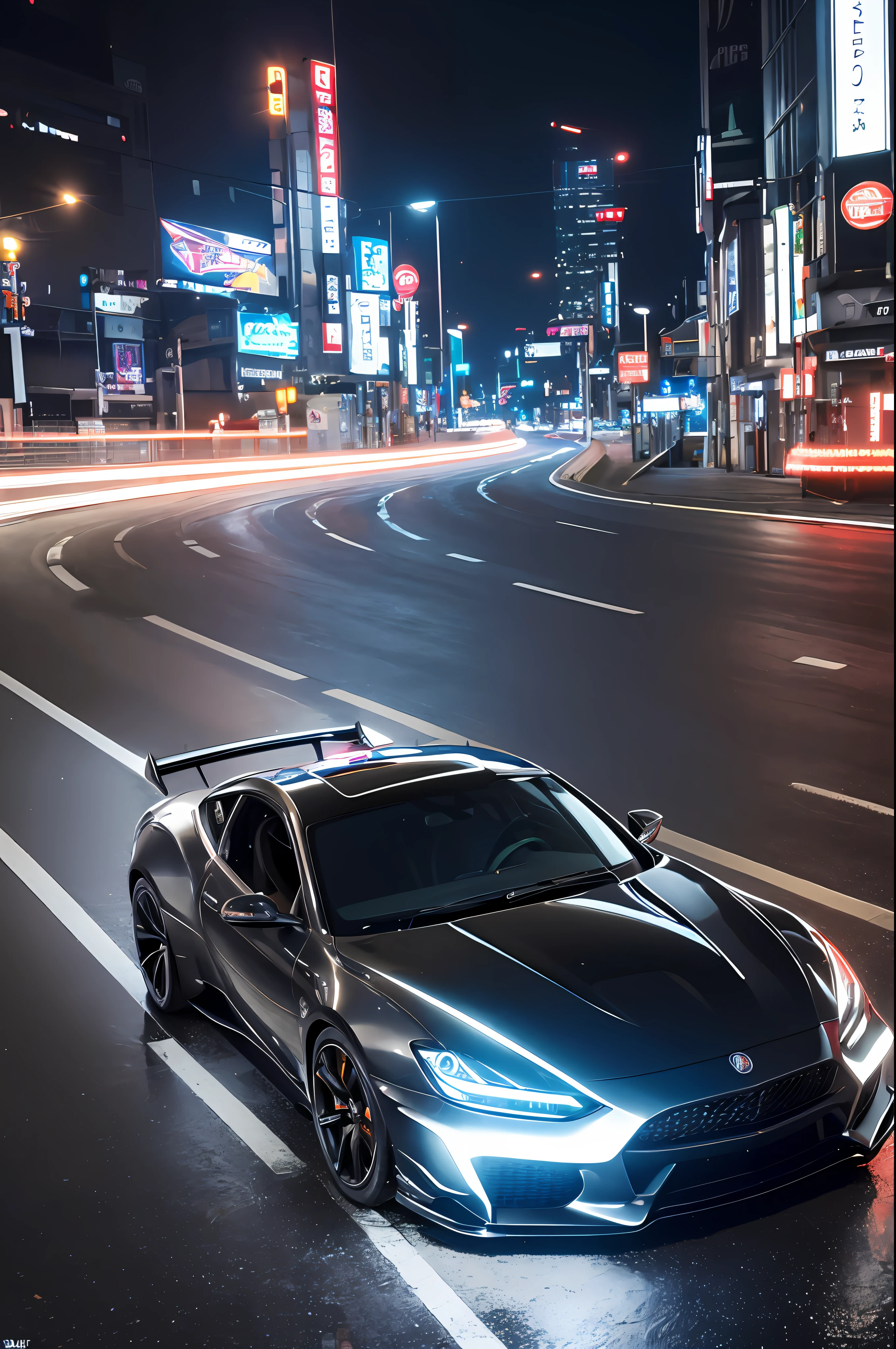 masterpiece,best quality,official art,extremely detailed CG unity 8k wallpaper,illustration, light,car, bright, motor vehicle, ground vehicle, sports car, vehicle focus, road, need for speed, moving, wet, (night, midnight:1.5), cyberpunk, tokyo,neon lights,drift,