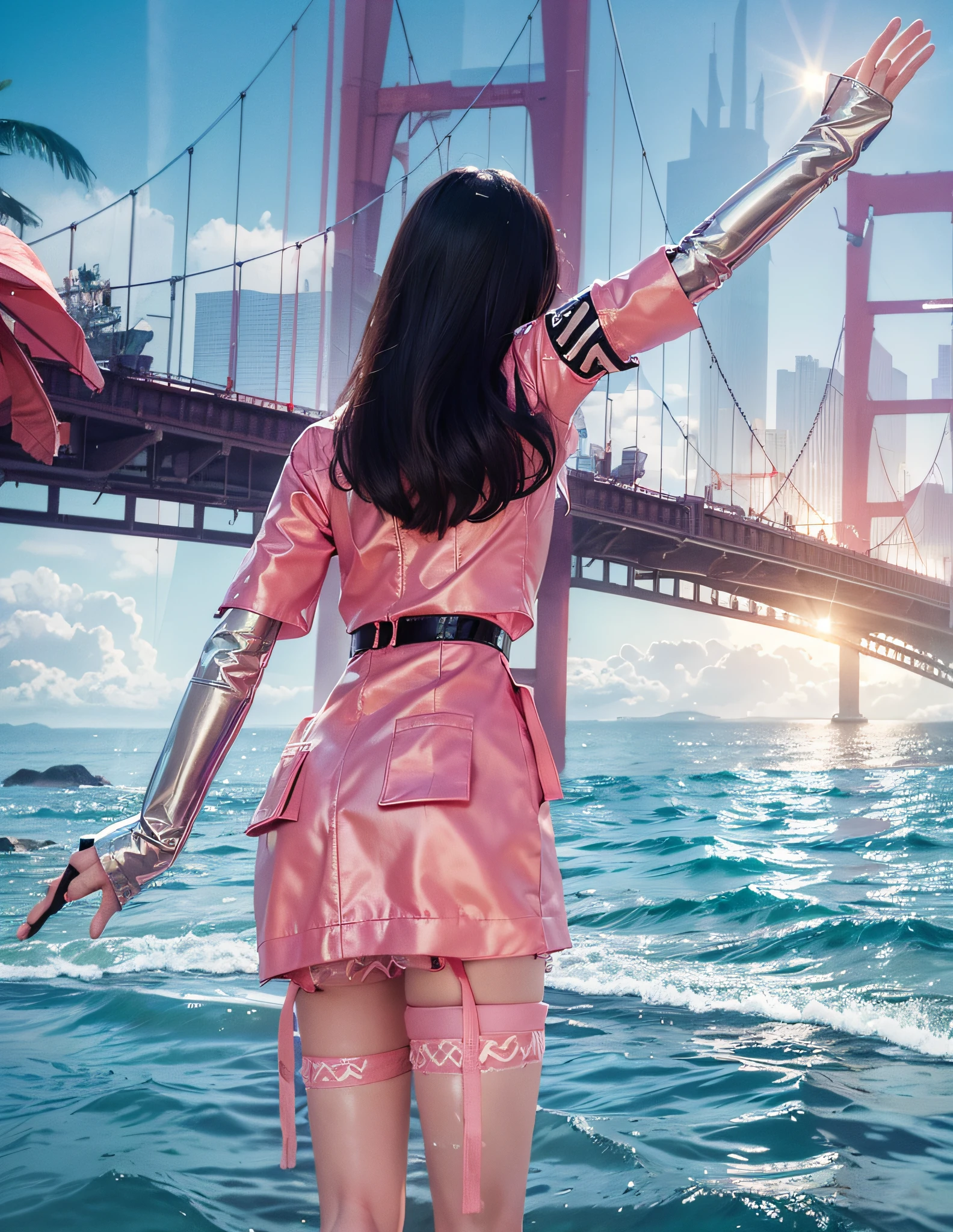 Sunny weather, sunny noon, beautiful sky, 1girl, a girl in pink gel coat, back, beckoning, right leg with black stockings, standing on the beach by the sea, city and bridge in the distance, delicate skin, upper body, close-up, 8k, RAW photo, best picture quality, masterpiece, realism, realism, split bangs, long hair