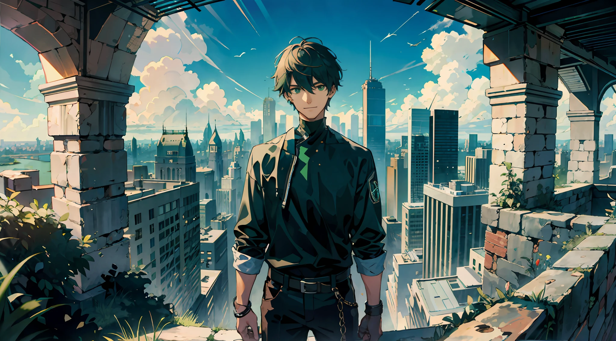 ((Masterpiece: 1.4, Best Quality)), ((Masterpiece, Best Quality)), Fisheye, One Young Man Standing, Gentle Smile, Looking at the crumbling cityscape of towering buildings and highways from the stairs, (Overlook: 1.3), River, Waterfall, Valley, (Green Big Eyes and Short Hair), Blue Sky, Beholder's Watch, Magnificent View, Lens Flare, Black Bodysuit, Cowboy Shot