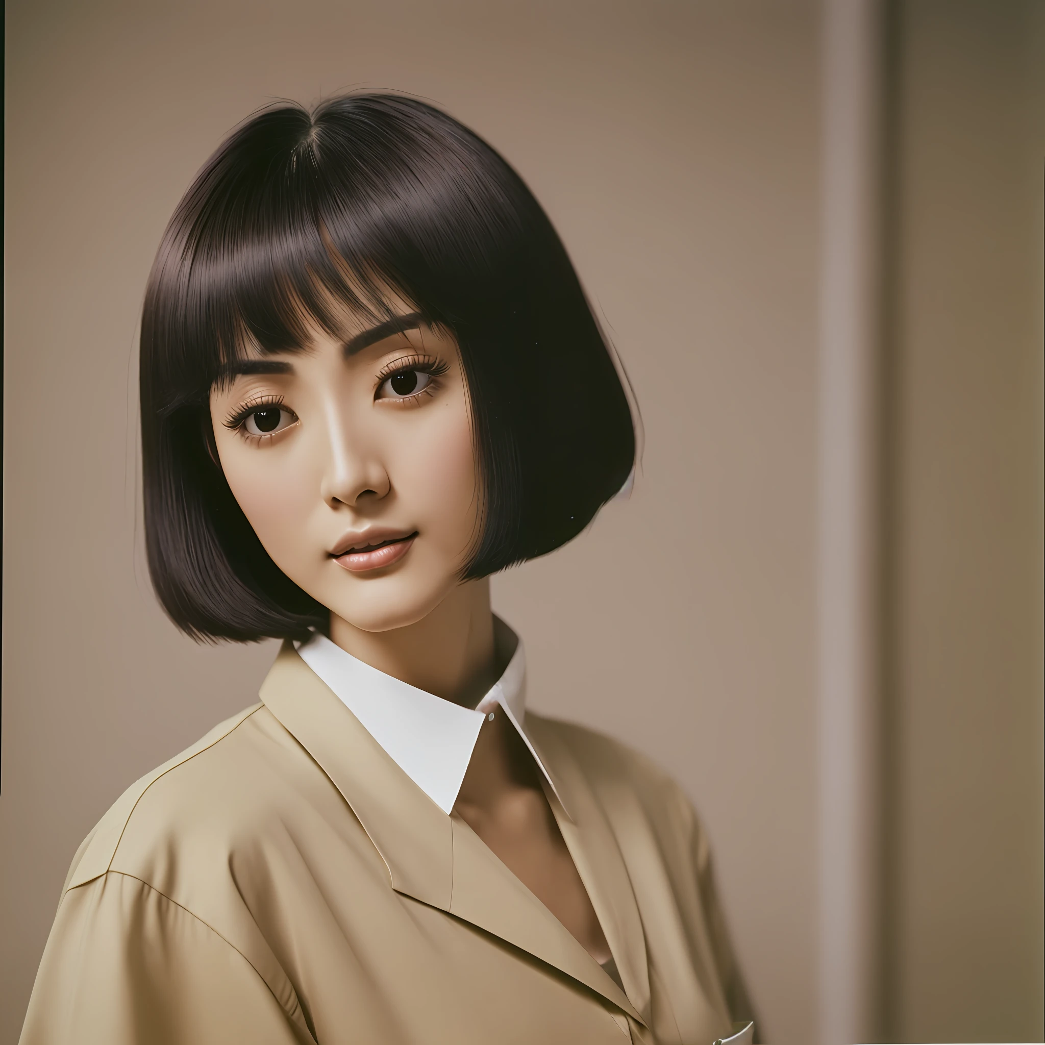 Kodacolor color slide, photorealistic, extremely delicate and beautiful, black hair bob cut, brown eyes, gentle smile, very large stature, 8feet height, japanese woman, very thin, body size like giraffe, (face is ishihara satomi:1.3), wearing square collar shirts, 1972 --auto --s2