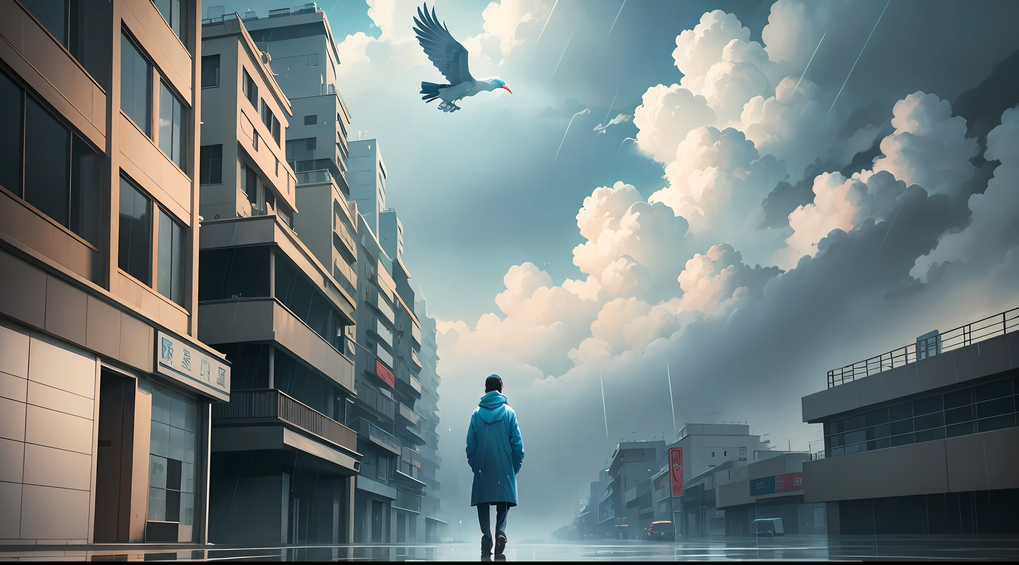 Rain over the sky blue clouds broken, such a color to do the future, Wang Ximeng painting style, crane, dream, fixed frame animation, Rui crane picture --auto --s2