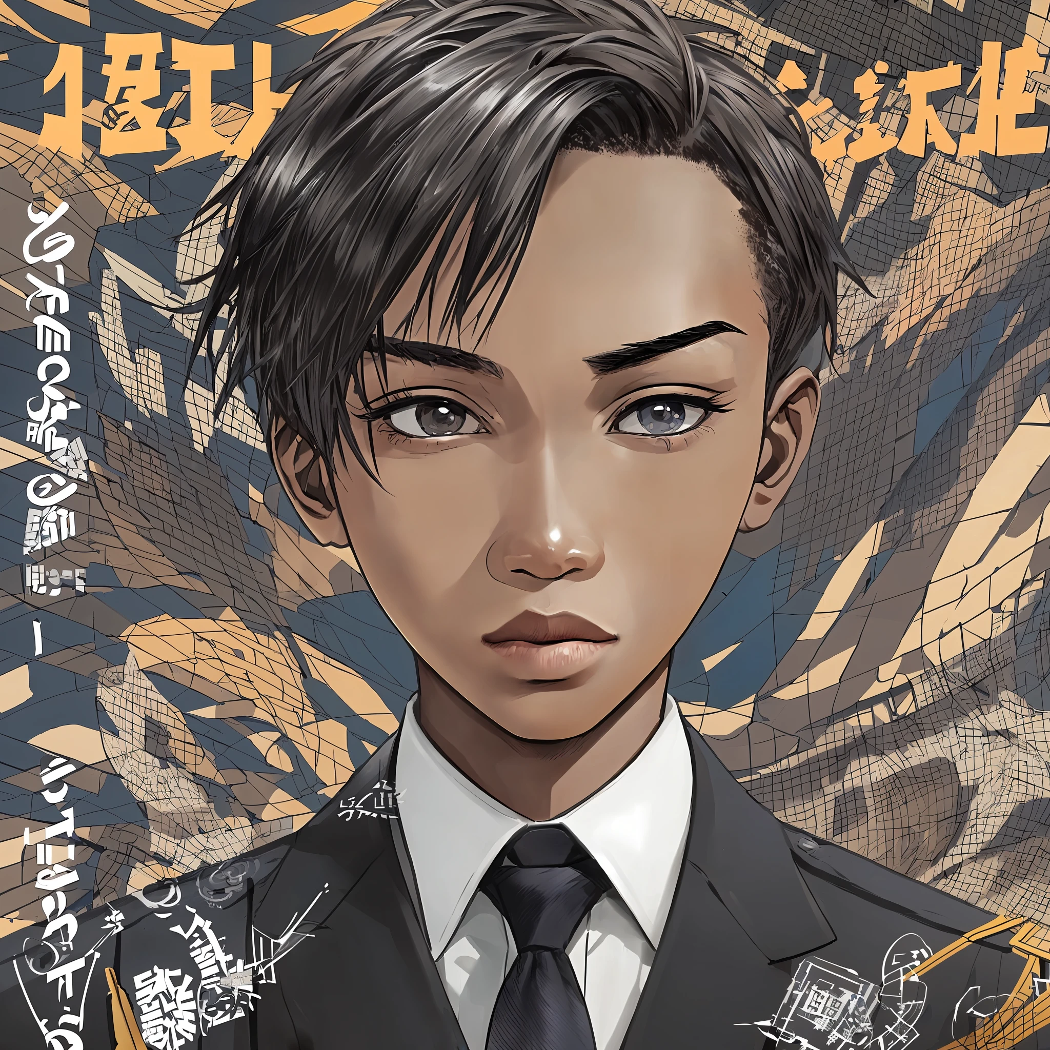 half body, magazine cover, man, Police uncle, public security, school uniform,, Short hair in the black, brown skin, high nose bridge, small eyes, Open one's big mouth, serious, Perform tasks, anime style, multiple monochrome --auto --s2