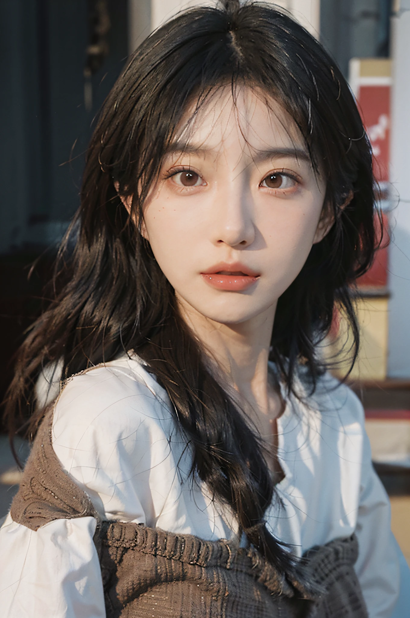 Temperament girl, delicate facial features, bangs, brown double ponytail, messy hair, hair is very realistic, wearing suspender full body photos, Du Qiong, delicate makeup, light red lips, big eyes, double eyelids, black holes, bright eyes, symmetrical face, very real human face, meticulous portrayal of the girl's face real human skin, blush, super high face value goddess level, looking at the audience, very realistic skin, skin oil reflection, art works, clothes with real fabric texture, realistic painting, film style, Photography level, ray tracing, real light and shadow effects, realism, masterpiece, just like the top photography effect, 8K highest quality picture quality is full