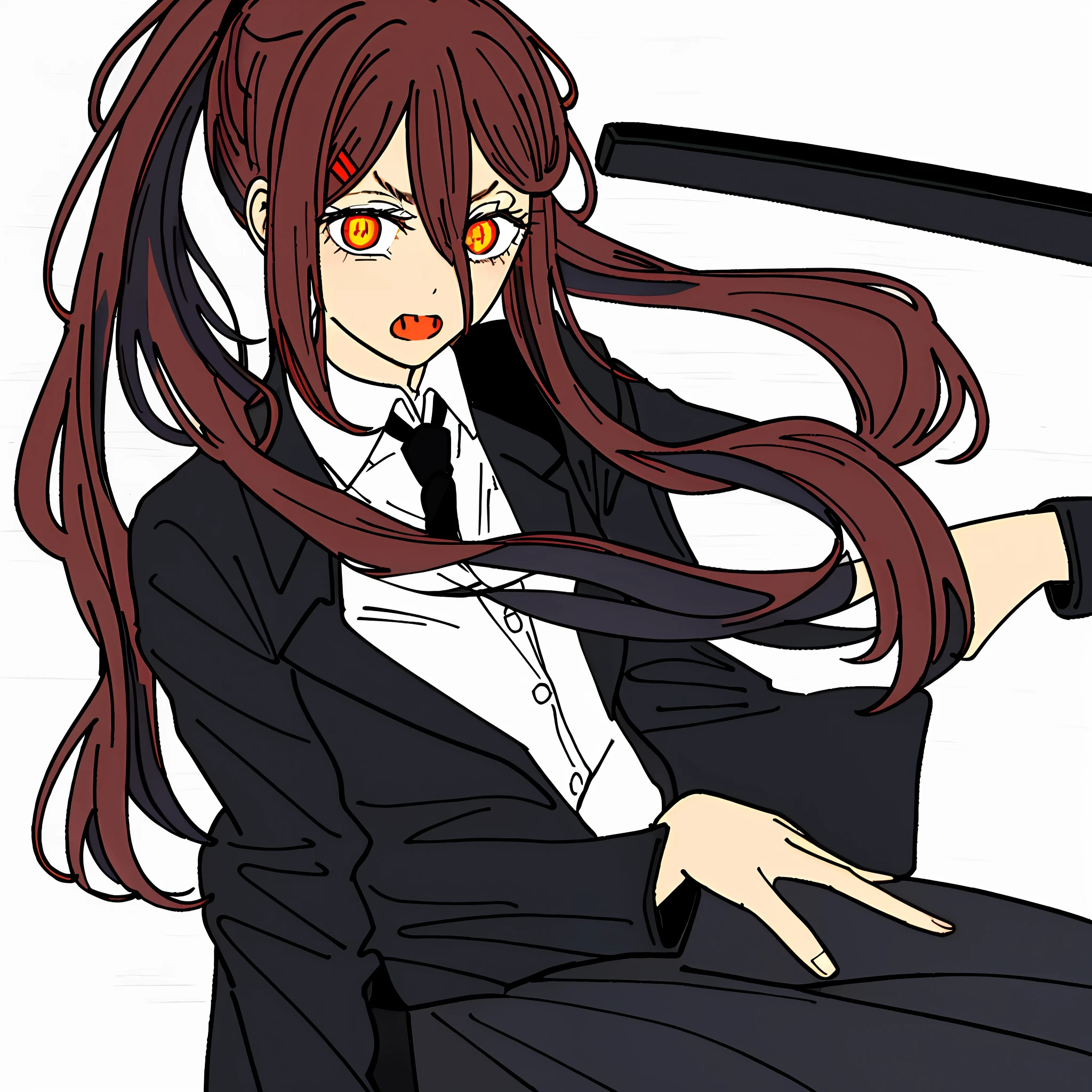 Kobeni \(chainsaw man\), 1girl, bangs, black tie, black pants, , ponytail, collared shirt, long sleeves, tie, black hair, brown eyes, shirt,, solo, uniform, white shirt, small breasts,red hair clips,shy,short fringed hair,