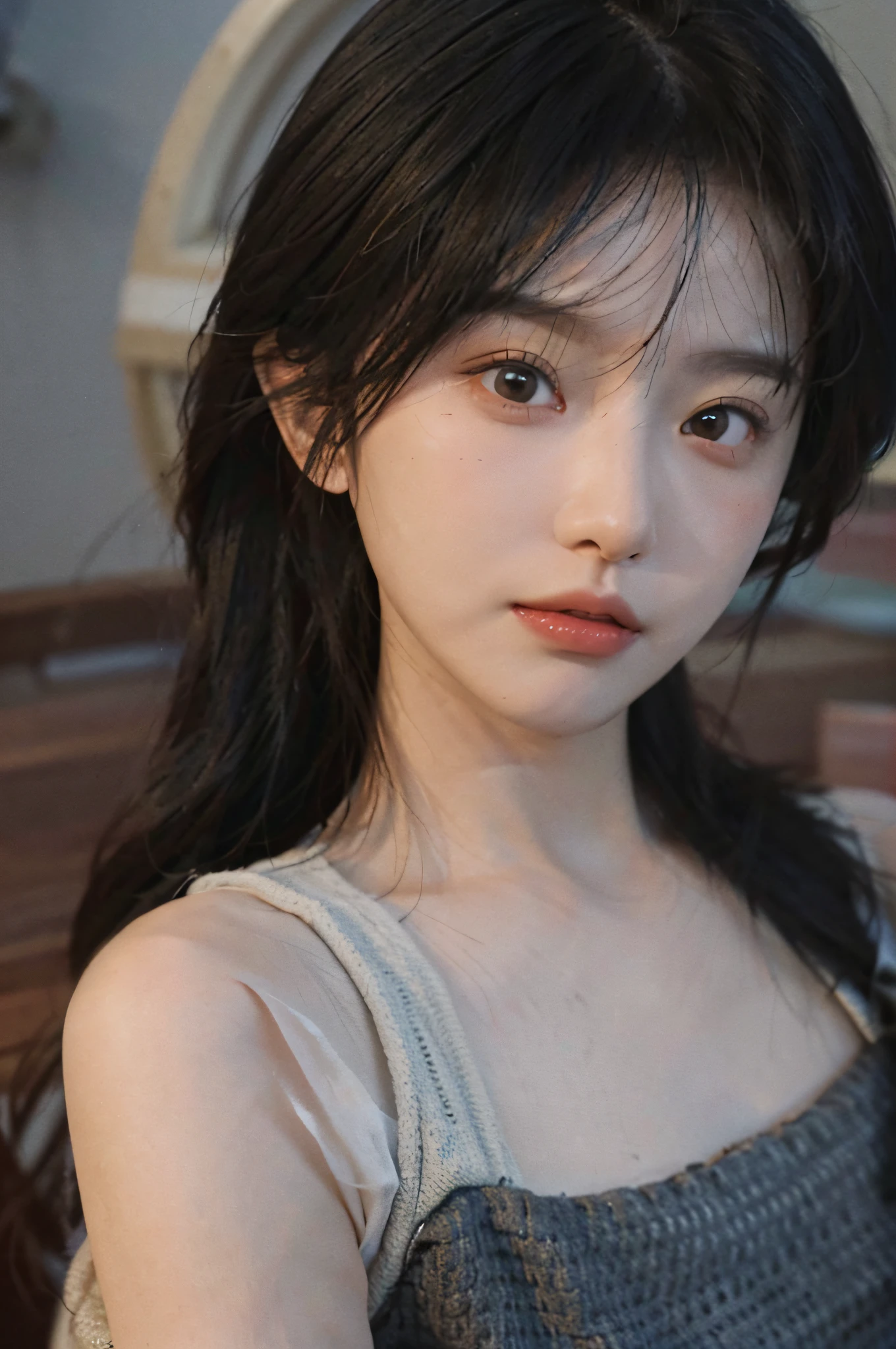 Temperament girl, delicate facial features, bangs, brown double ponytail, messy hair, hair is very realistic, wearing suspender full body photos, Du Qiong, delicate makeup, light red lips, big eyes, double eyelids, black holes, bright eyes, symmetrical face, very real human face, meticulous portrayal of the girl's face real human skin, blush, super high face value goddess level, looking at the audience, very realistic skin, skin oil reflection, art works, clothes with real fabric texture, realistic painting, film style, Photography level, ray tracing, real light and shadow effects, realism, masterpiece, just like the top photography effect, 8K highest quality picture quality is full