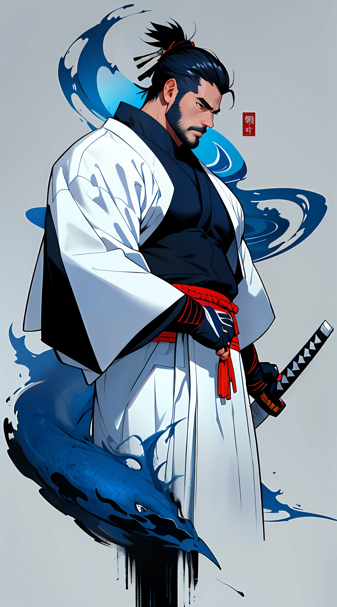 cover, handsome manly adult man samurai wearing white kimono, holding katana, dramatic pose, digital painting, best quality, color scheme white blue,barearm,stocky bara