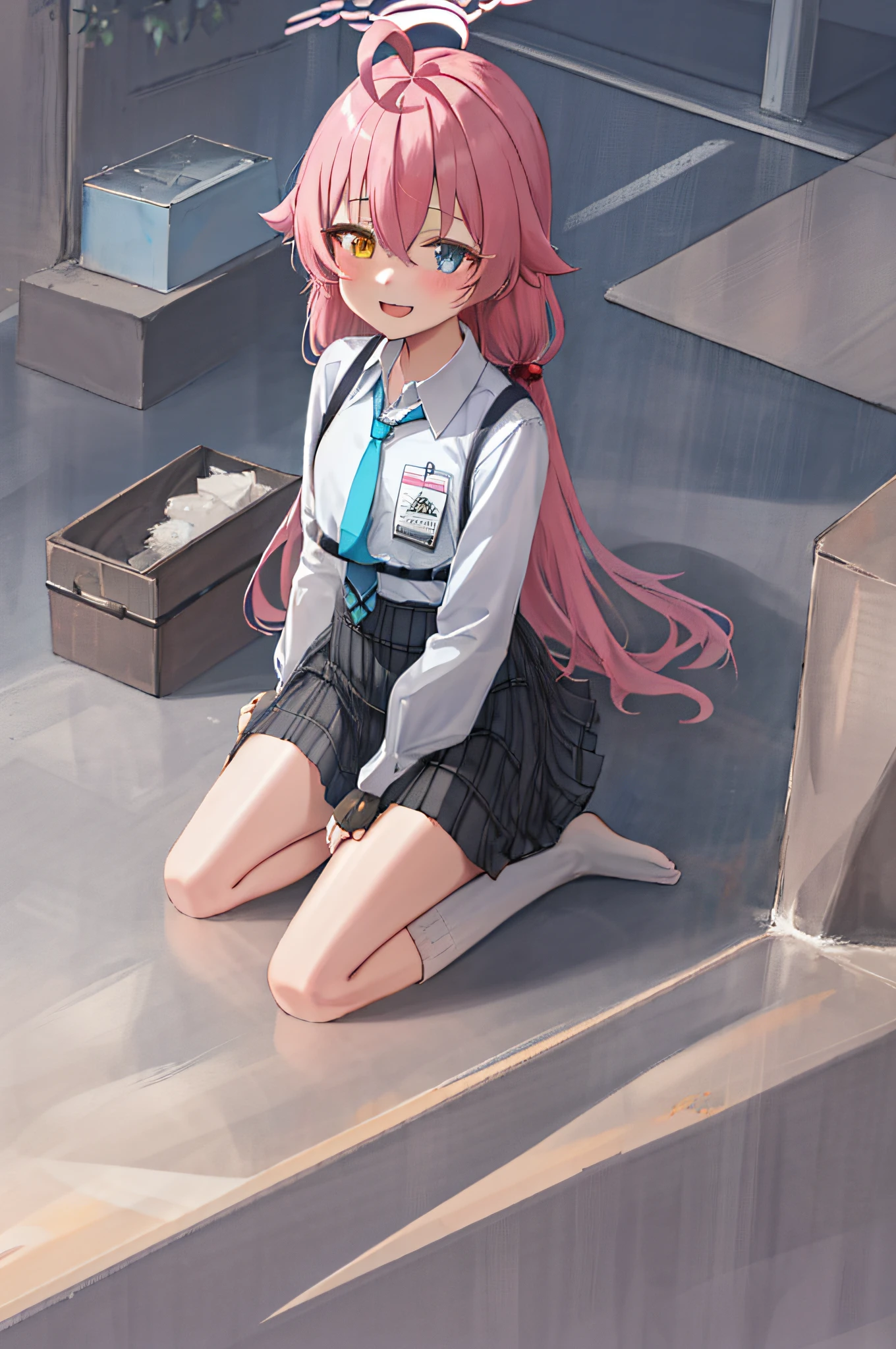 1girl, Hoshino (Blue Archive), solo, heterochromia, pink hair, skirt, long hair, tie, ahoge, shirt, halo, plaid skirt, blue eyes, plaid look, looking at the audience, white shirt, kneeling on the floor, orange eyes, chest strap, suspenders, long sleeves, ID card, open mouth and spit out tongue, very long hair, collared shirt, smile, blue tie, bangs, feet out of the frame, between legs, hands between legs, blush, hair between eyes, high resolution, masterpiece, best quality