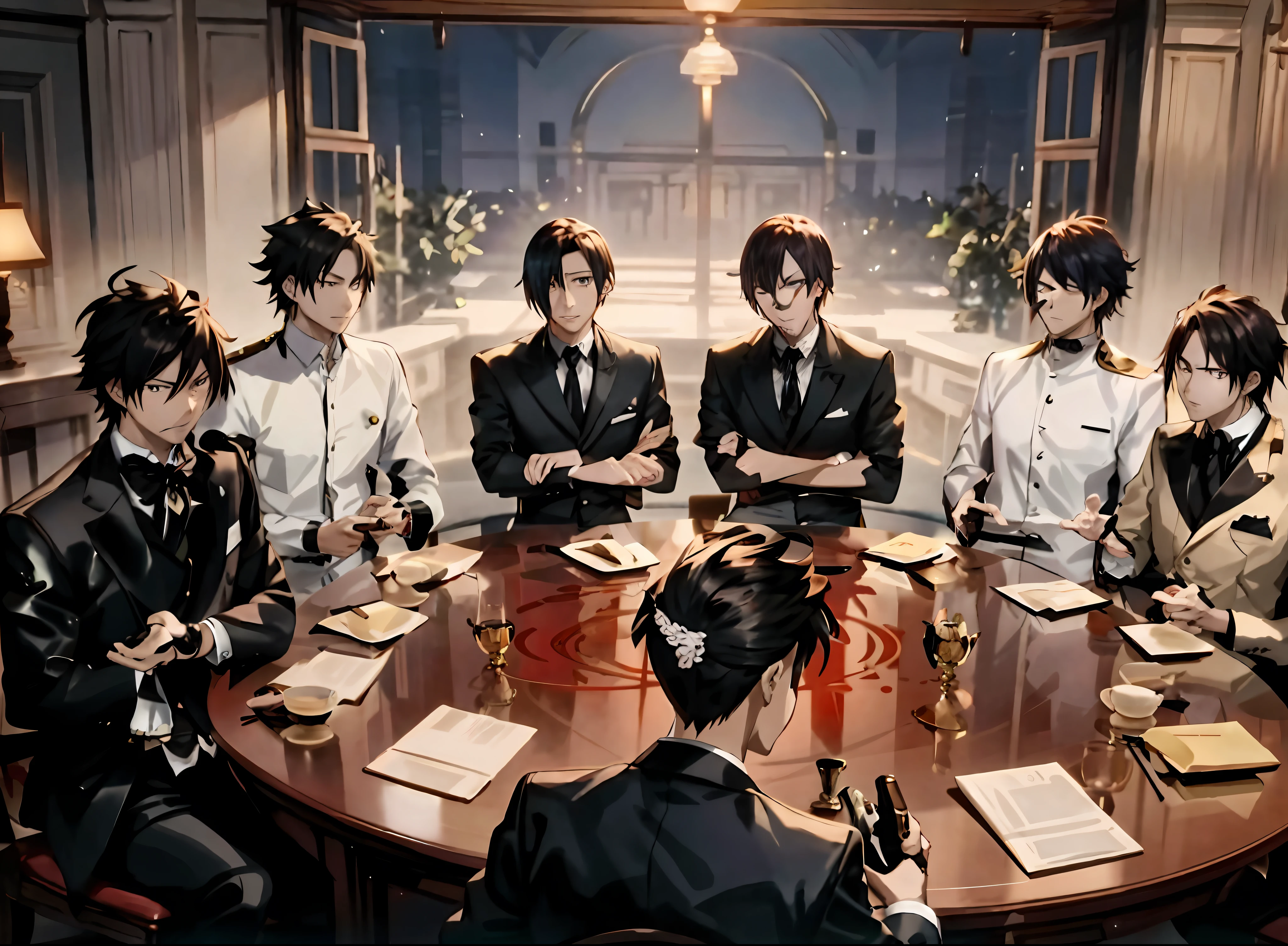 anime characters sitting around a table with a man in a suit, today's featured anime still, high detailed official artwork, anime still film anime shikishi, official fanart, official art, official artwork, official studio anime still, official anime still, アニメ, official illustration, anime still, screenshot from the anime film, kda