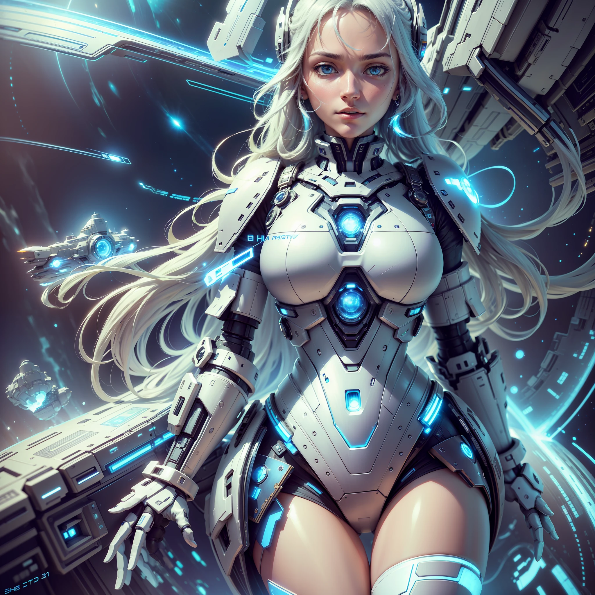(spaceship background), (ultra high resolution, realism, blue sky, photon mapping, radiometry: 1.3), science fiction, fantasy, [: a sexy girl, (white and blue mech: 1.2), upper body: 0.2] sheg, beautiful woman, best quality, super high resolution, 8K, masterpiece, clear focus, clear gaze --auto --s2
