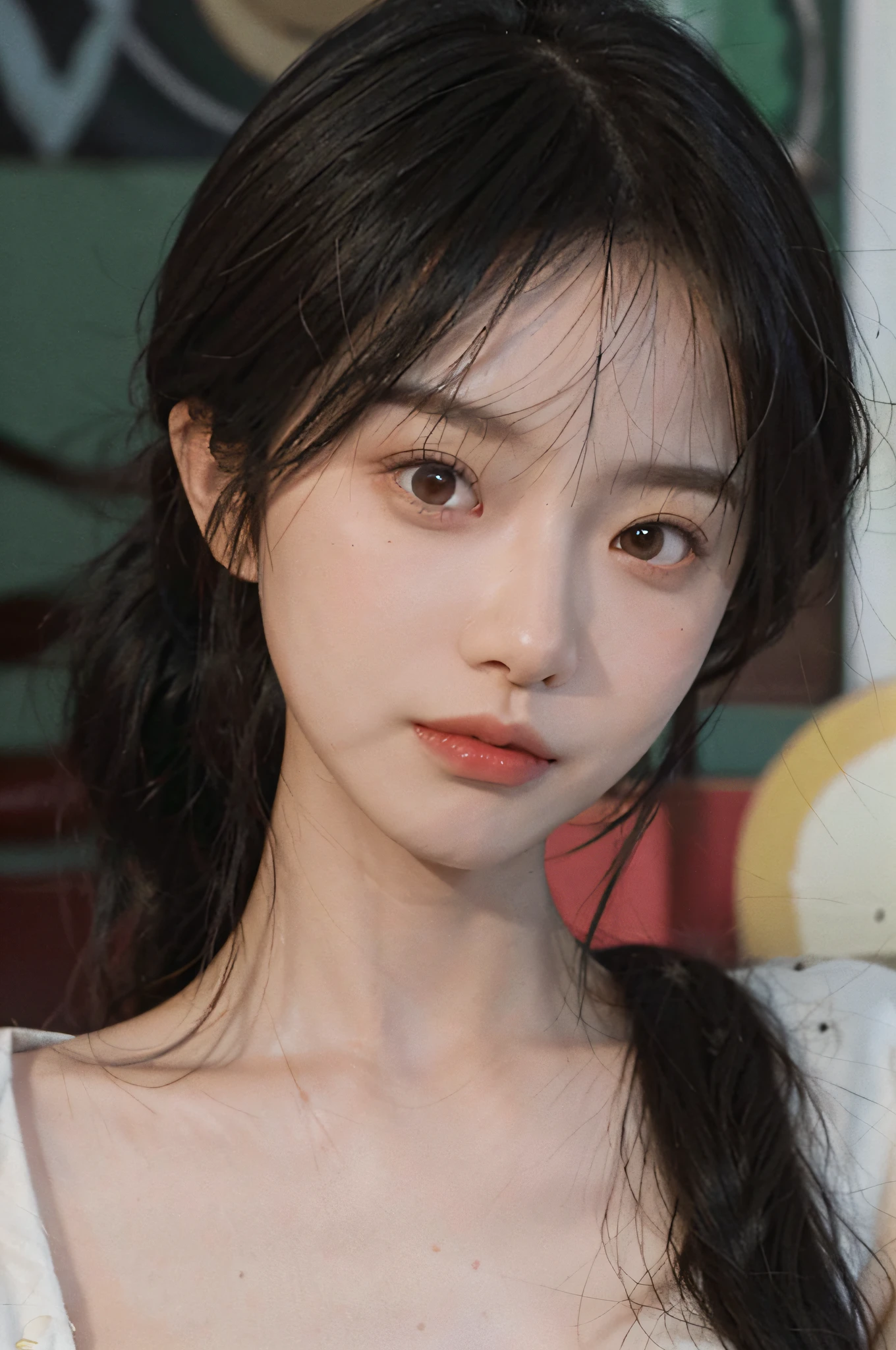 Temperament girl, delicate facial features, bangs, brown double ponytail, messy hair, hair is very realistic, wearing suspenders, Du Qiong, delicate makeup, light red lips, big eyes, double eyelids, black holes, bright eyes, symmetrical face, face is very real, meticulously portrayed girl's face real human skin, blush, super high face value goddess level, looking at the audience, very realistic skin, skin oil reflection, artwork, clothes with real fabric texture, realistic painting, film style, photography level, Ray tracing, real light and shadow effects, realism, masterpieces, just like the top photography effects, 8K highest quality picture quality is full