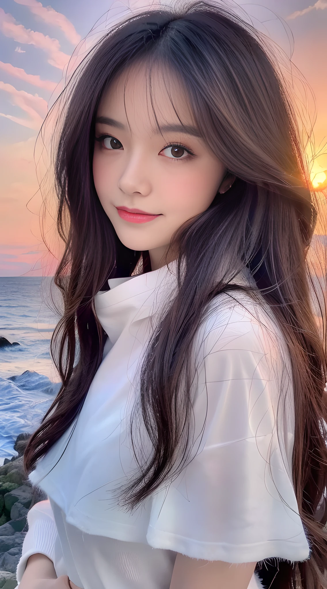 8k resolution, super high resolution, best picture quality, beautiful girl, moist lips, peerless beauty, messy black straight hair, shawl long hair, fluffy hair, rich and beautiful makeup, exquisite and perfect facial features, sapphire eyes, blush, sweet smile,
(((sunset sky)))) by the sea (dressed in white
Tight T-shirt), short skirt, macro shot, beautiful detail sky.