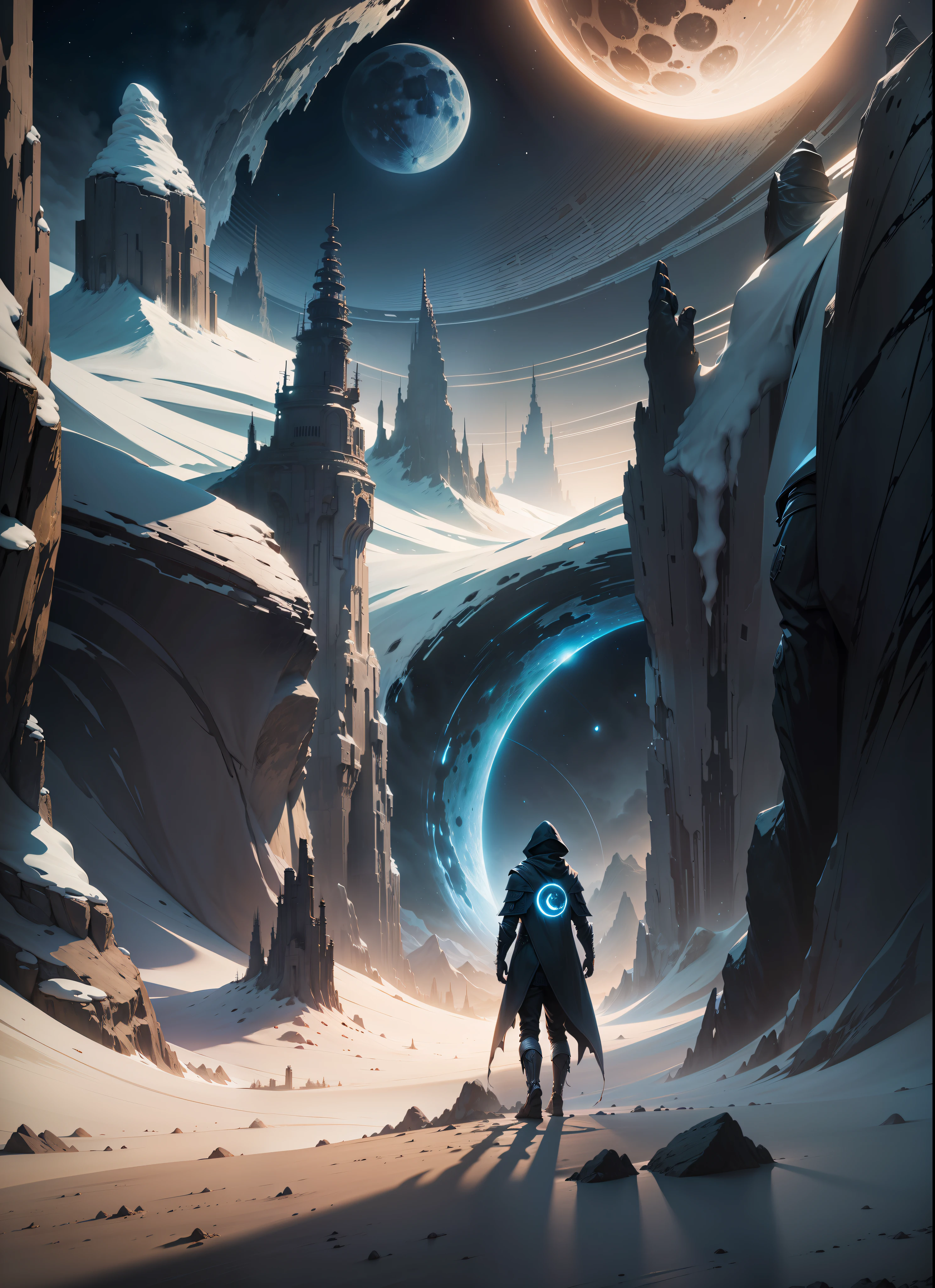 Surreal landscape with a lunar glow, featuring a hooded silhouette with faceless features. The silhouette is enhanced with glowing glyphs and symbols, emphasized by the character's large hood and long claws.