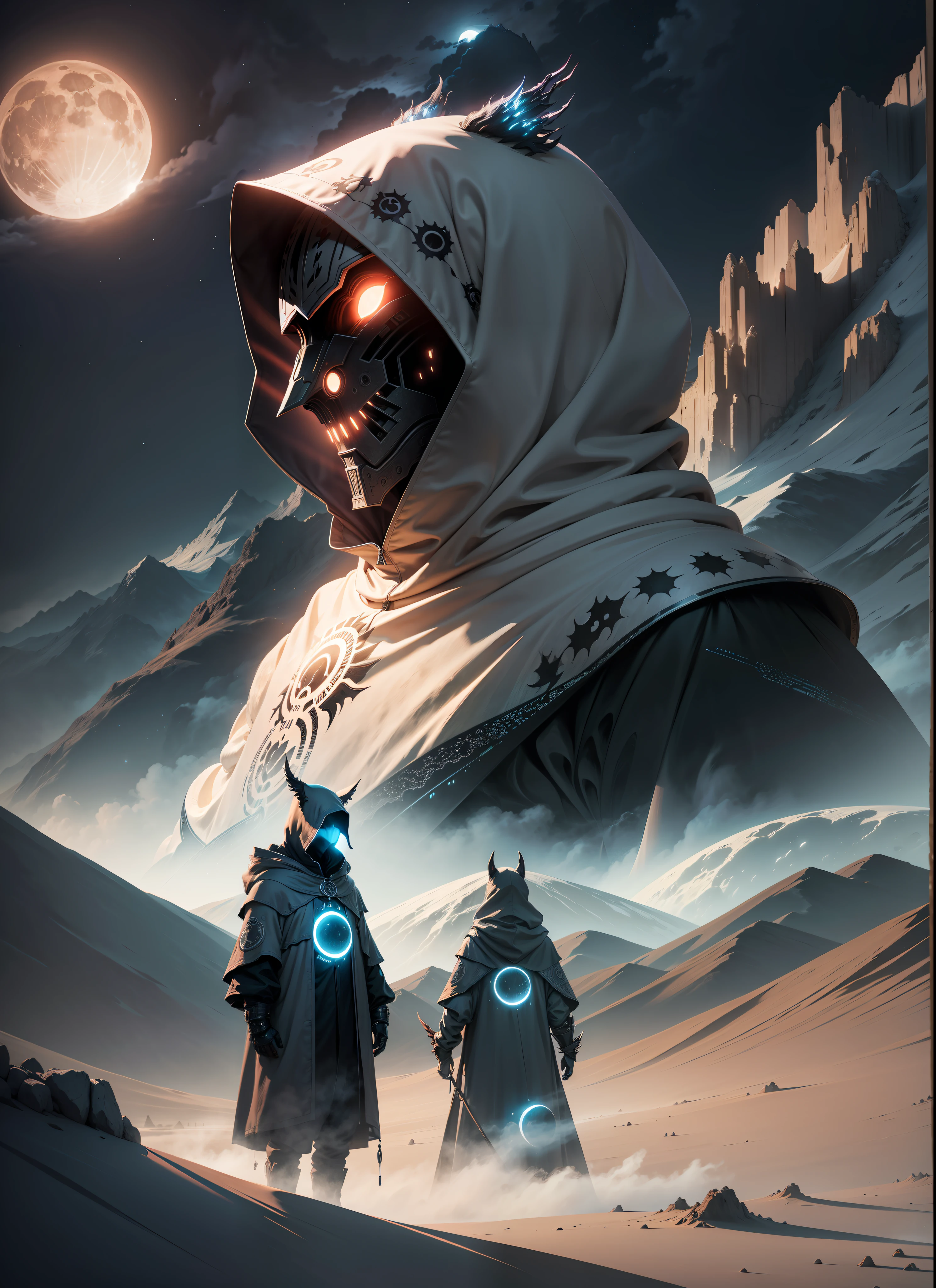 Surreal landscape with a lunar glow, featuring a hooded silhouette with faceless features. The silhouette is enhanced with glowing glyphs and symbols, emphasized by the character's large hood and long claws.