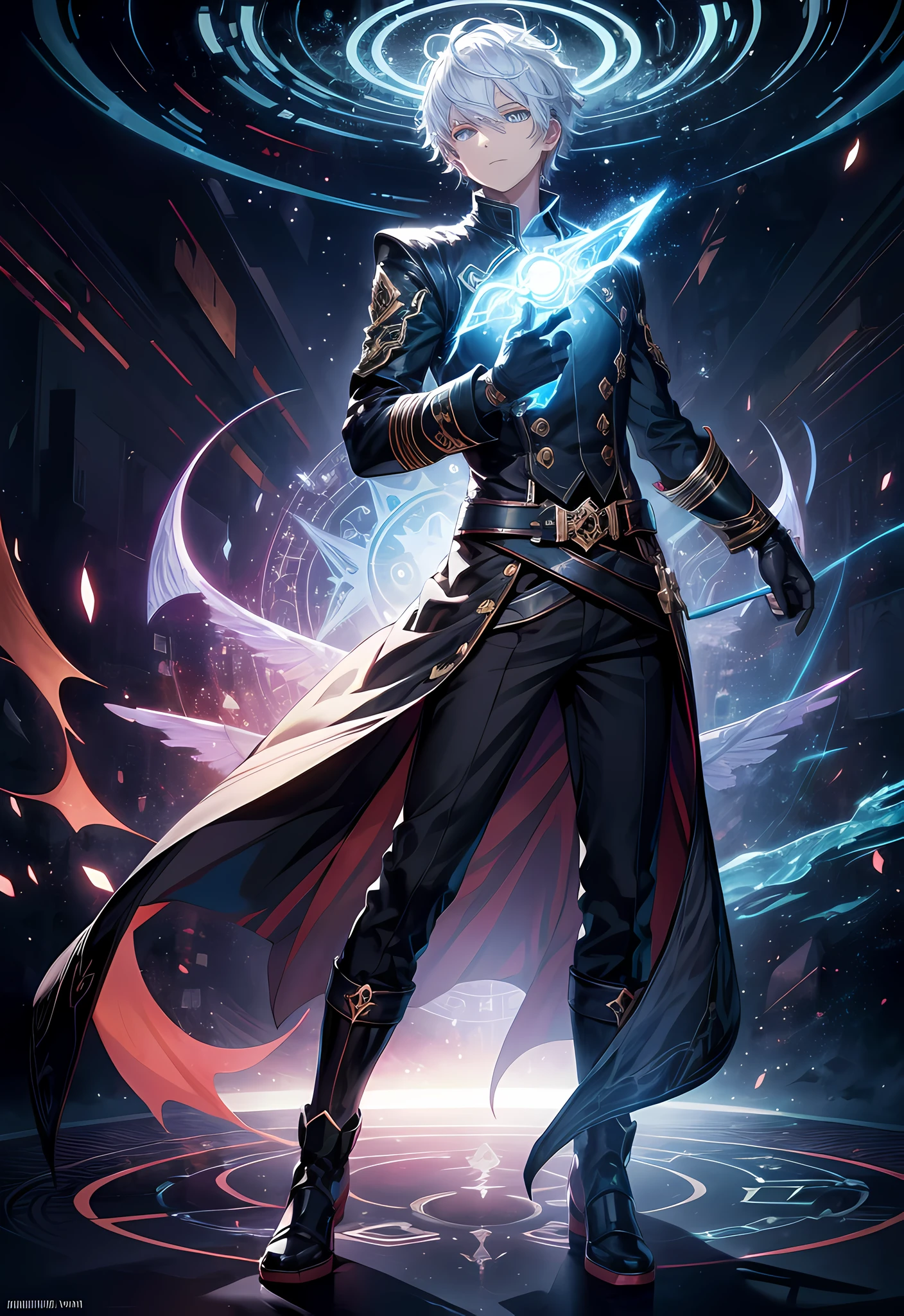 (absurdres, highres, ultra detailed, HDR), masterpiece, best quality, solo, a boy holding gun, magic gun, intricate gun, handsome, short hair, white hair, leather outfit, BREAK, dark persona, light persona, fractal, full body, ceiling, artistic background, Bio-luminescence, geometric, Organic, blessing, favor, exalted, fantasy, celestial, sublime, noble, unfolding, unraveling, spiritual, dignified, magic circle, spark, swirl, look at viewer