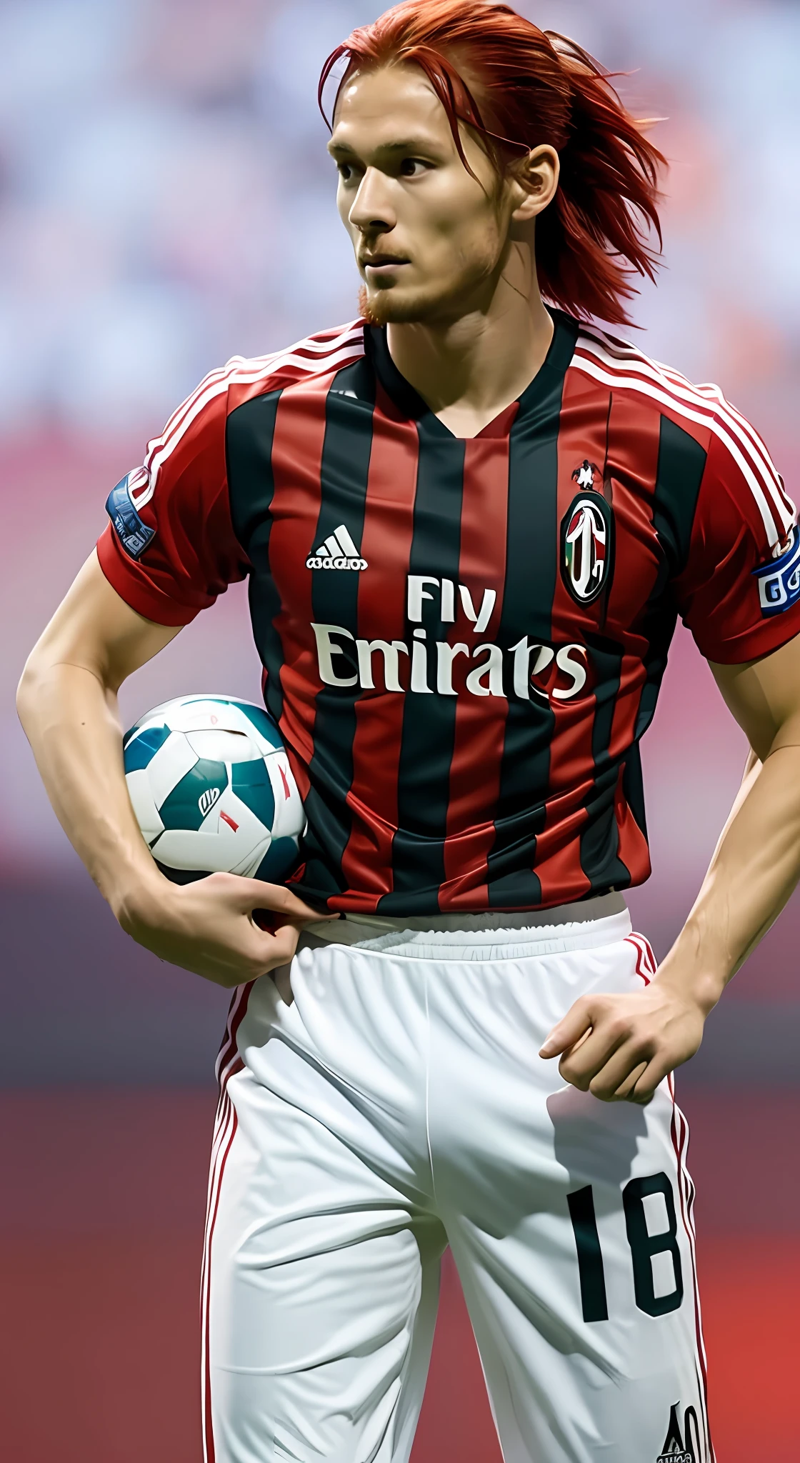 Footballer, Soccer Player, Ballon d'Or, World Class, Ace Striker, Real Soccer Player, Red Hair, Red Hair, Active in Europe, 183cm, 74kg, FW, Japan, Japanese, Red Vertical Striped Uniform, White Pants, No. 10, #10, AC Milan, Black Beard, 28 years old, Slender, Very delicate, 8K