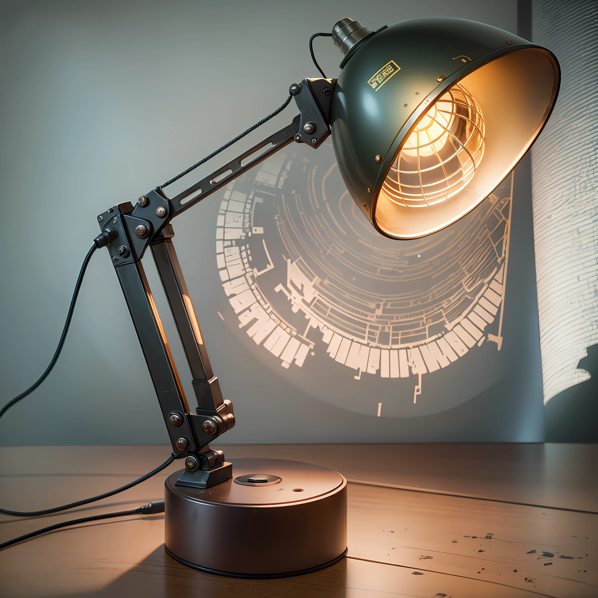 Battle-damaged desk lamp, hard-edged military industry, science fiction, high detail, complex, desktop table lamp --auto --s2