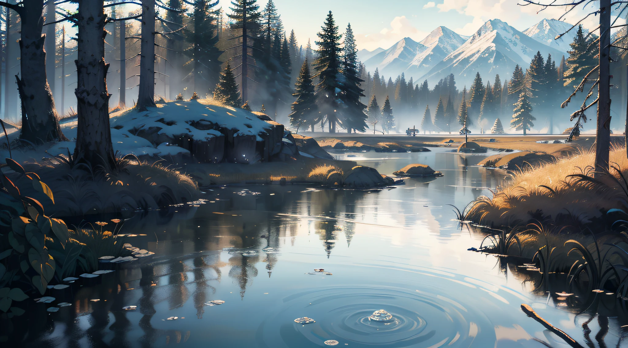 Wallpaper, Cold Dew Season, Water, Woods, Mountains, HD Detail, Wet Watermark, Hyperdetail, Cinematic, Surrealism, Soft Light, Deep Field Focus Bokeh, Ray Tracing, Diffusion (Ultrafine Glass Reflection) and Surrealism. --v6