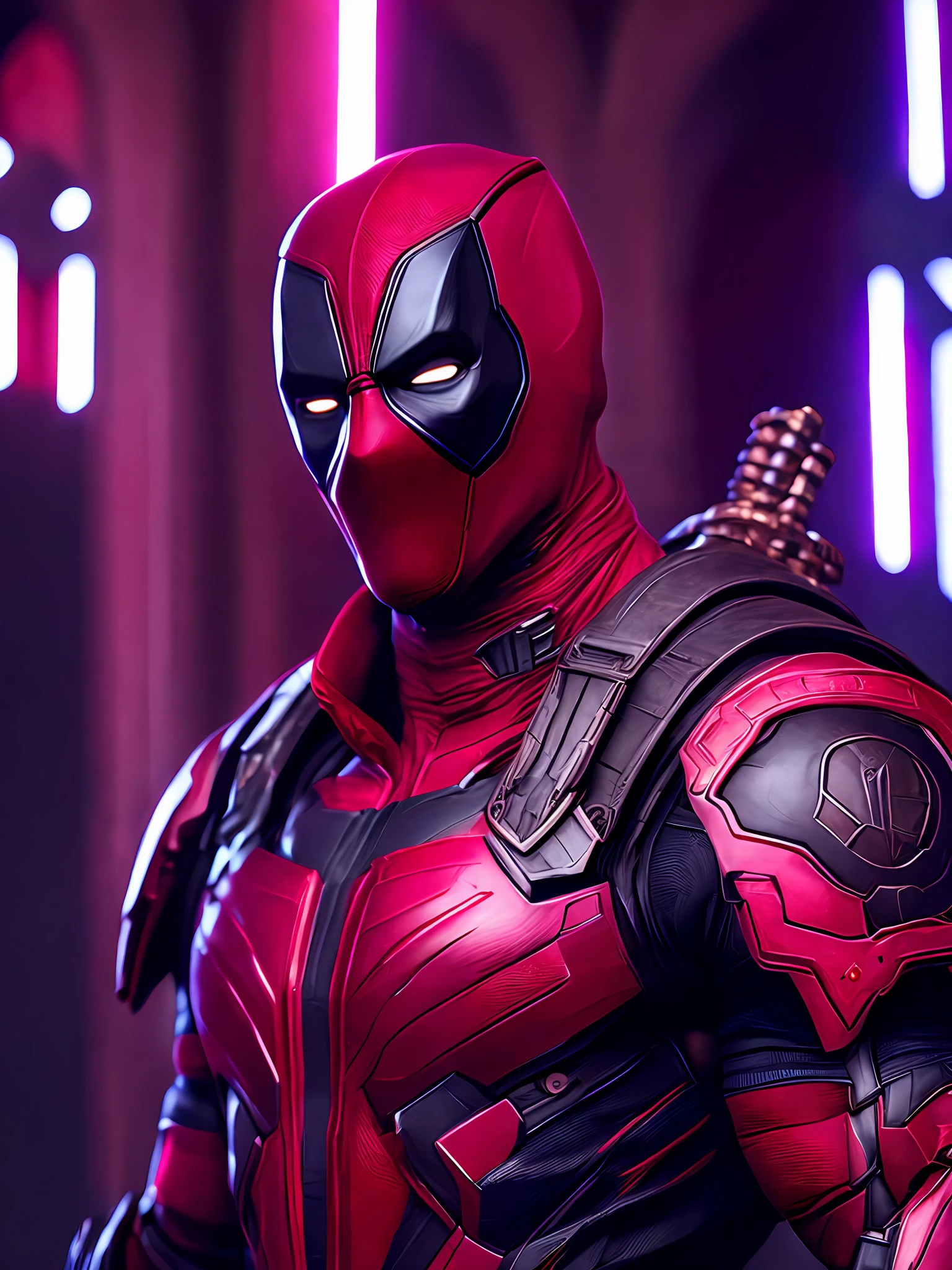 Portrait, Deadpool from Marvel, biomechanical, complex robot, full growth, hyper-realistic, insane small details, extremely clean lines, cyberpunk aesthetic, masterpiece featured at Zbrush Central, gothic brutalist cathedral, cyberpunk, award-winning photo, bokeh, neon lights, cybernetic limb