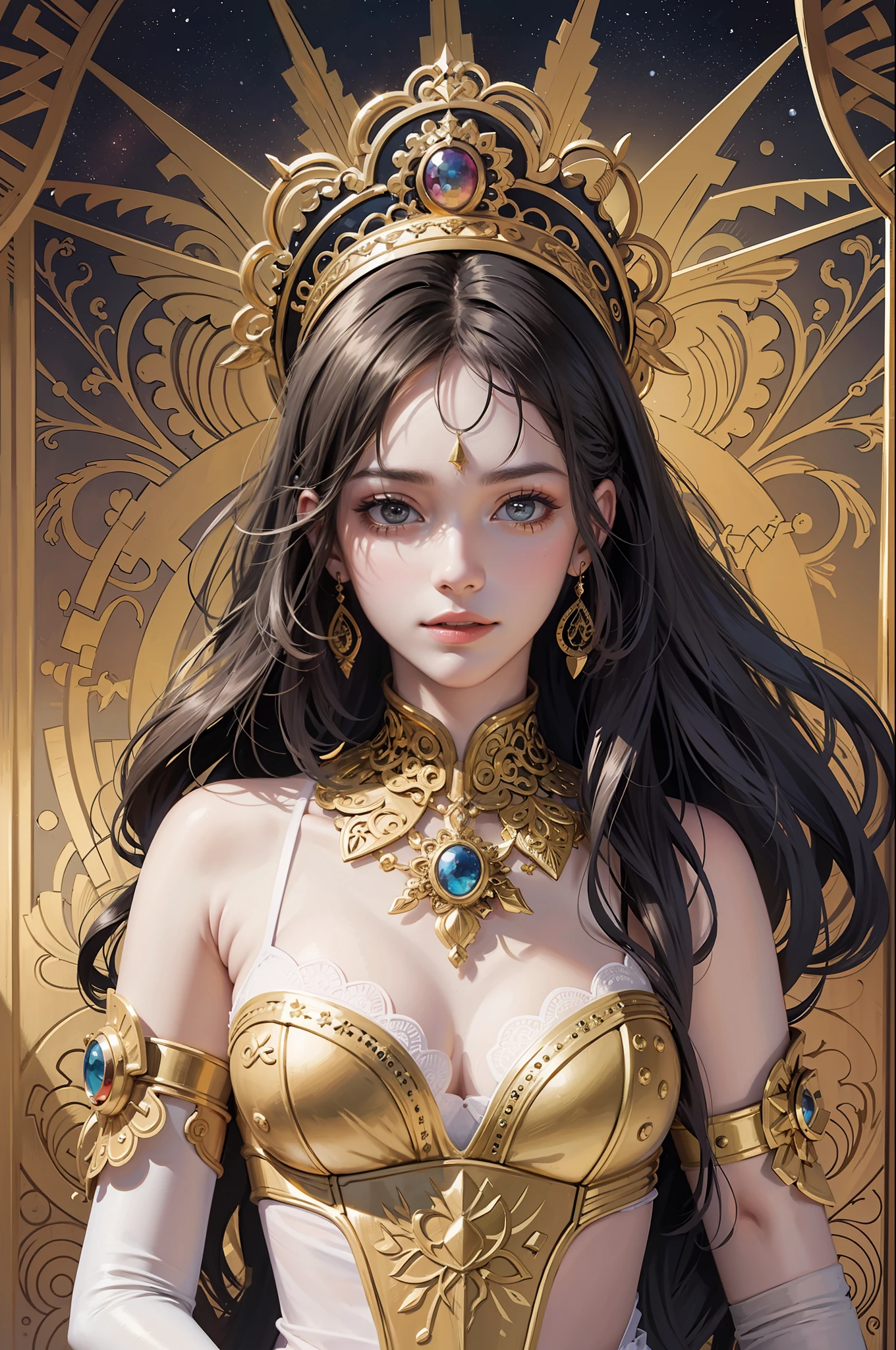 (masterpiece, top quality, best quality, official art, beautiful and aesthetic:1.2), (1girl), extreme detailed,colorful,highest detailed, official art, unity 8k wallpaper, ultra detailed, beautiful and aesthetic, beautiful, masterpiece, best quality, (zentangle, mandala, tangle, entangle) ,holy light,gold foil,gold leaf art,glitter drawing, PerfectNwsjMajic