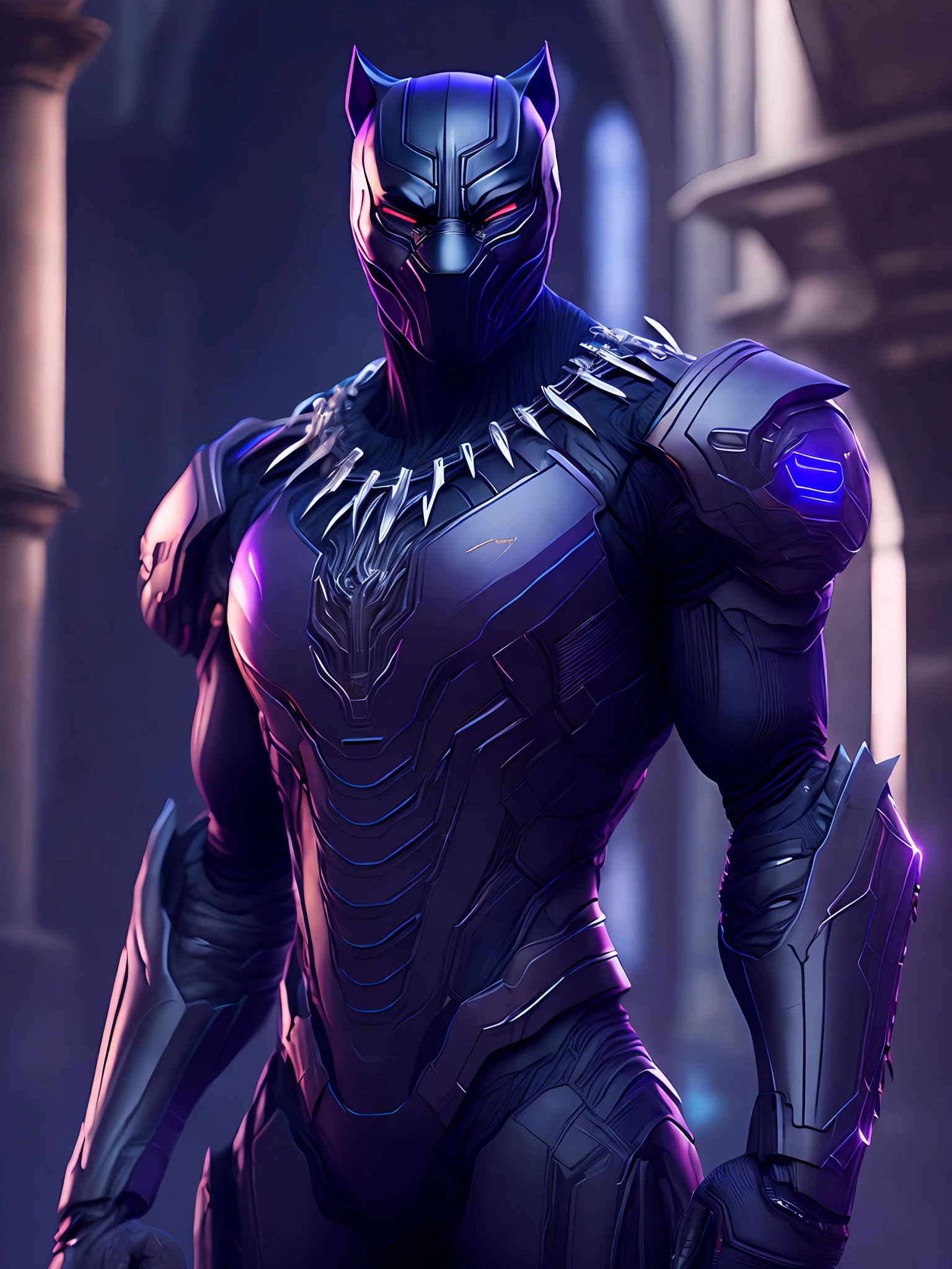 Portrait, Black Panther from Marvel, biomechanical, complex robot, full-length, hyper-realistic, insane small details, extremely clean lines, cyberpunk aesthetic, masterpiece unveiled at Zbrush Central, gothic brutalist cathedral, cyberpunk, award-winning photo, bokeh, neon lights, cybernetic limb