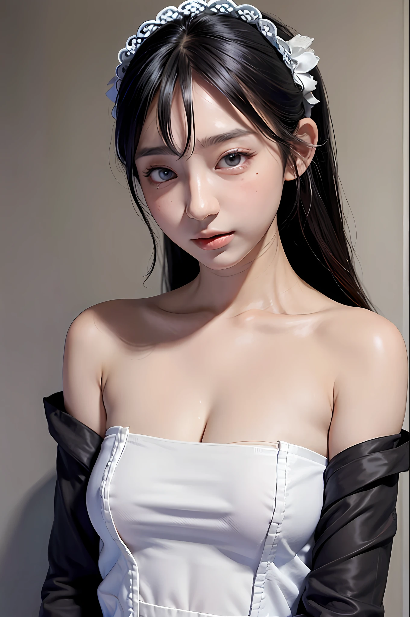 (((maid clothes)))), (((Big)))), Korean, Heterochromic eyes, Small moles under the eyes, Black hair, 30 years old, Nasty face, Entrance, Seiza
