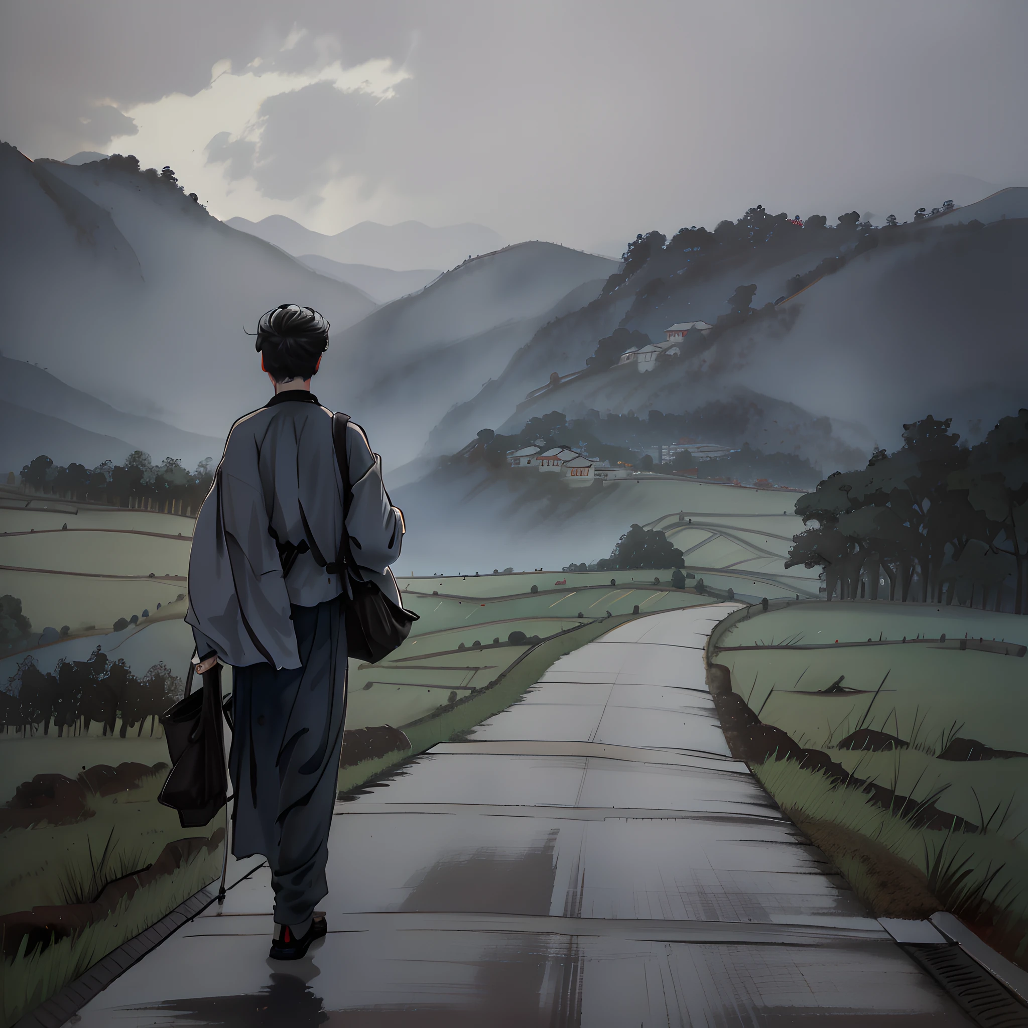 Masterpiece, of the best quality, ((father)), ((mother)), on crutches, supporting each other, watching the children go away, early in the morning, (gray sky), ((countryside)), walking into the distance,
