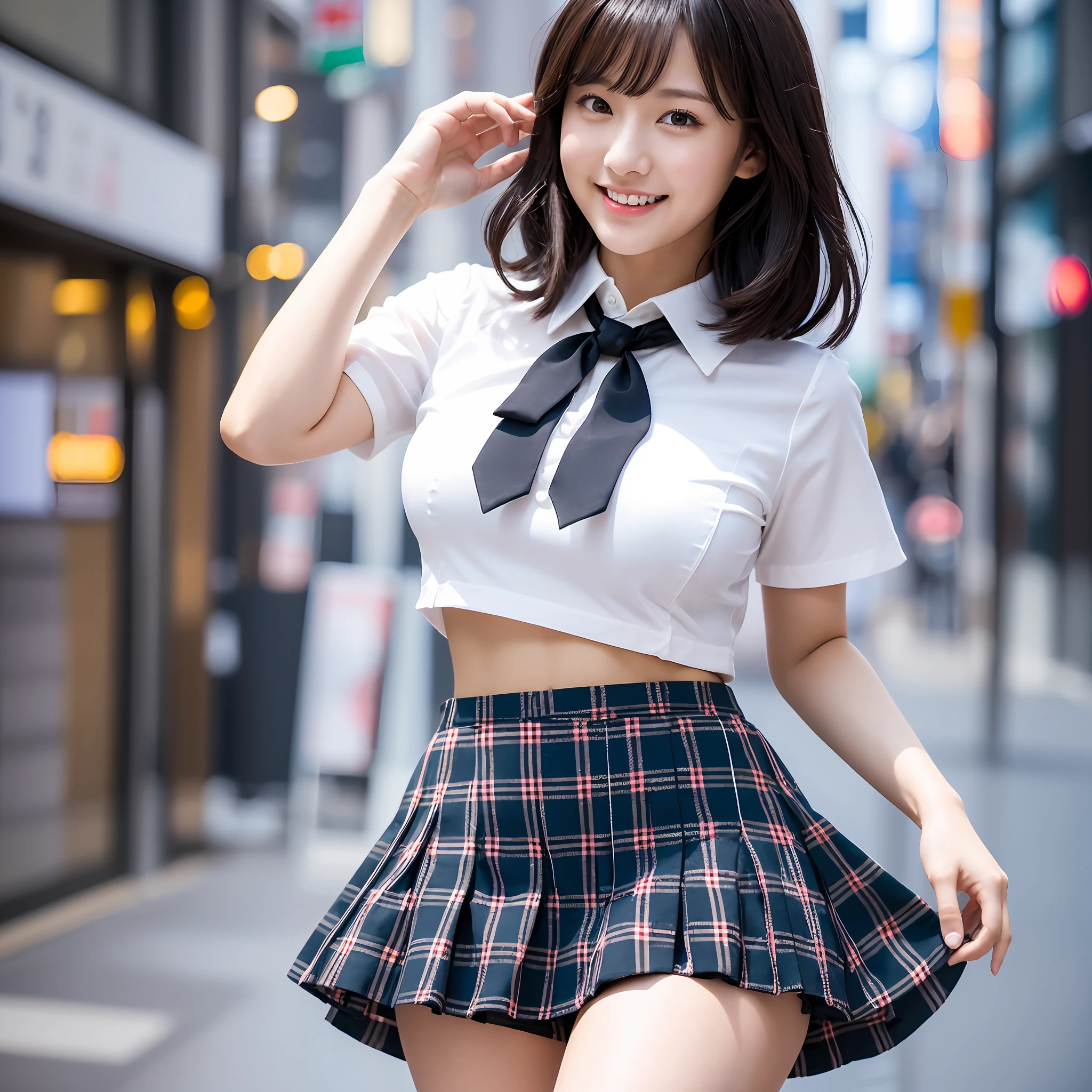 realistic, high resolution, full body, model shoot, pearl skin, Japan beautiful girl, Japan girl, 18 years old, light smile, big bust, black hair, white short blouse, black tie, show navel, low rise tartan mini skirt, white sneakers, light makeup, smooth skin, smooth hair, --auto --s2