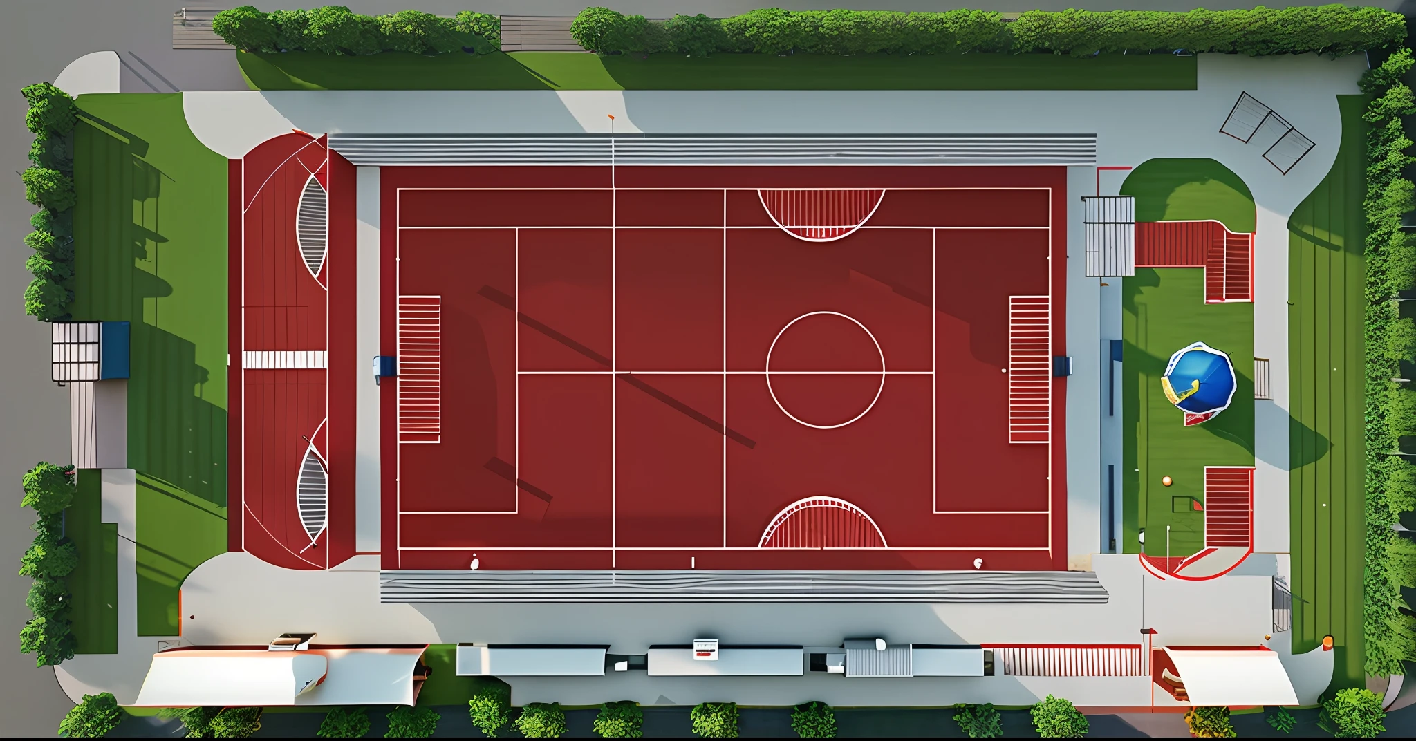 Playground with football field, red track, 2 D top view, detailed technical drawing, top view, 2 D axis top view, front orthogonal, orthographic 3D rendering, floor plan, orthographic front view, wide angle shooting, technical drawing, ultra-wide isometric view, wide angle high angle view