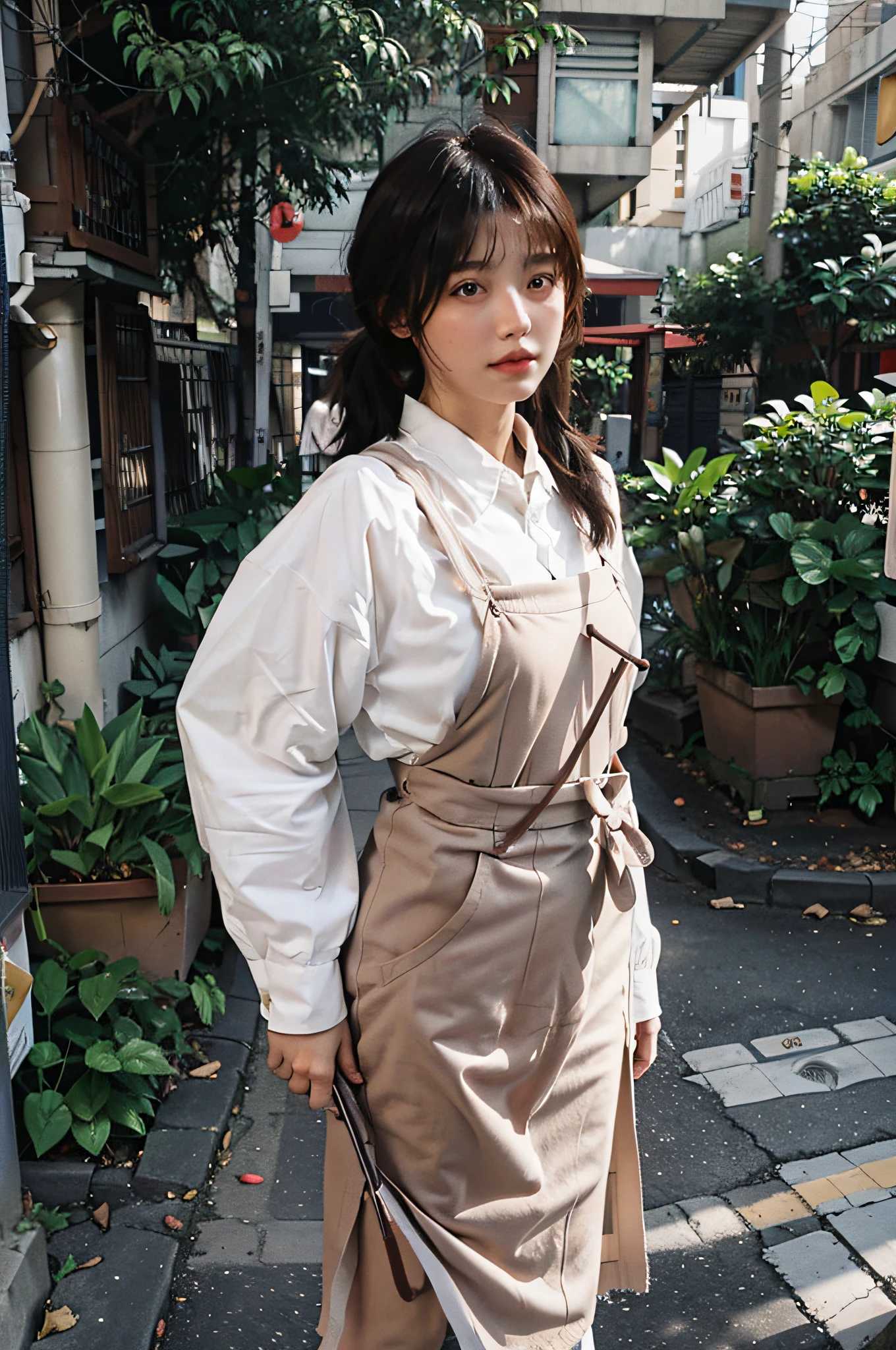 Temperament girl, delicate facial features, bangs, brown double ponytail, messy hair, hair is very realistic, wearing a suspender full body photo