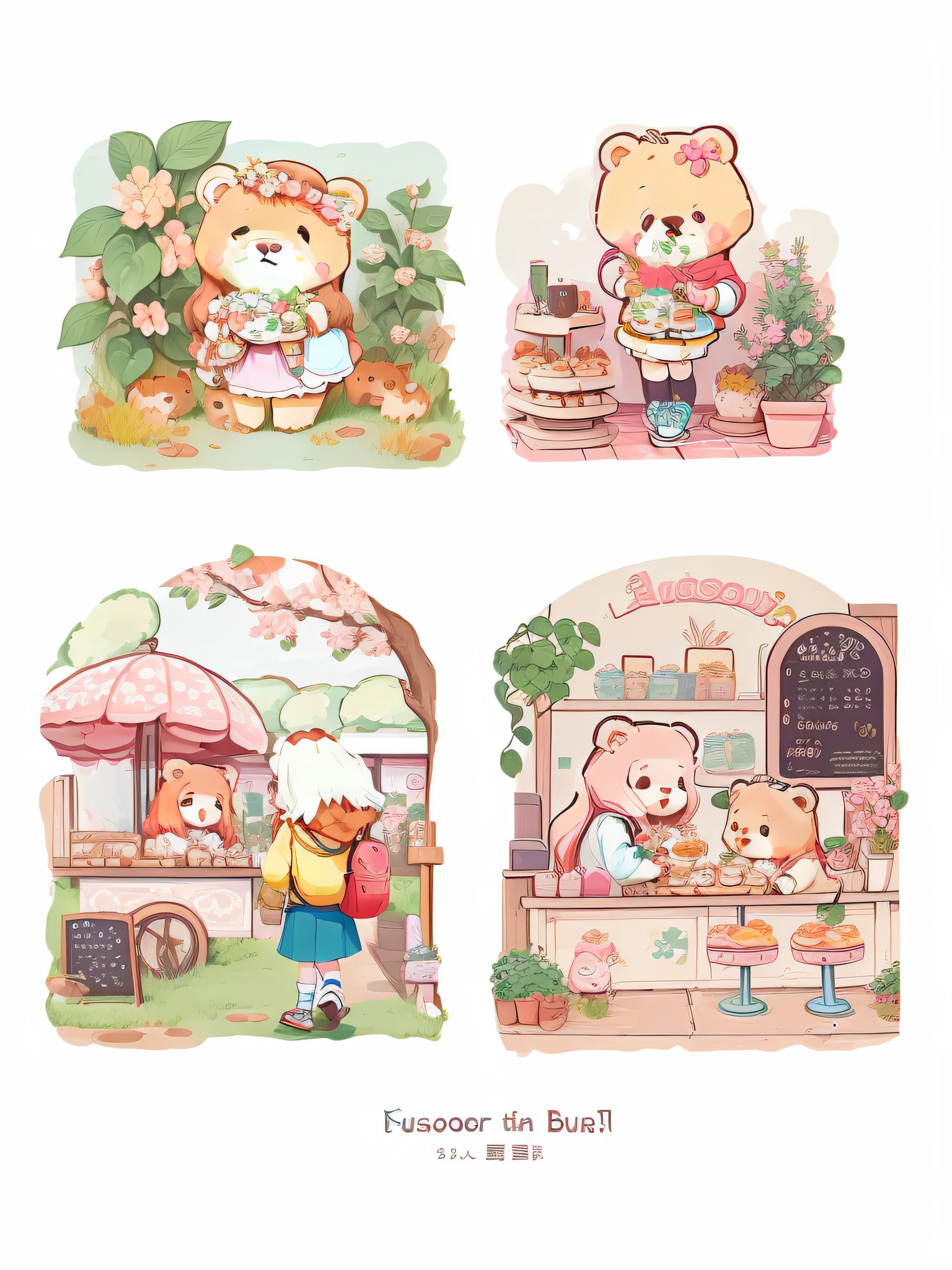 four illustrations of a girl and a bear eating food, cute art style, cute illustration, cute bakery shop, cute artwork, hand painted cartoon art style, stickers illustrations, cute detailed artwork, seasons!! : 🌸 ☀ 🍂 ❄, detailed fanart, cute characters, cute detailed digital art, official illustration, by Yanagawa Nobusada, cute cartoon style
