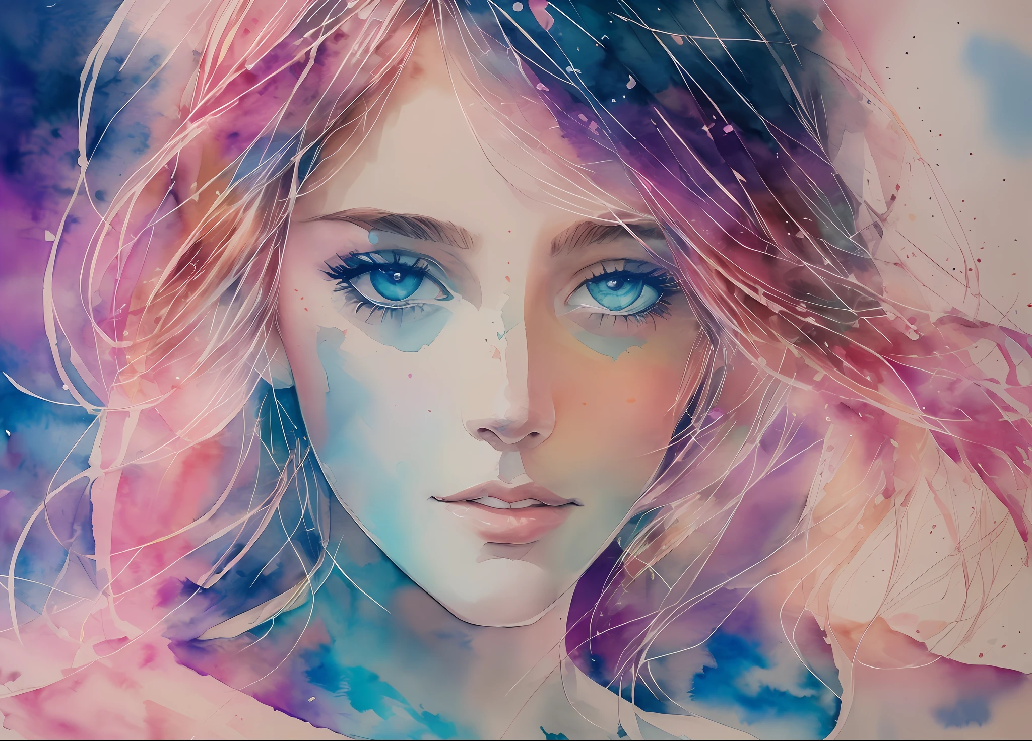 (8k, best quality, masterpiece:1.2),(best quality:1.0), (ultra highres:1.0), watercolor, a beautiful woman, shoulder, hair ribbons, by agnes cecile, half body portrait, extremely luminous bright design, pastel colors, (ink:1.3), autumn lights --auto --s2