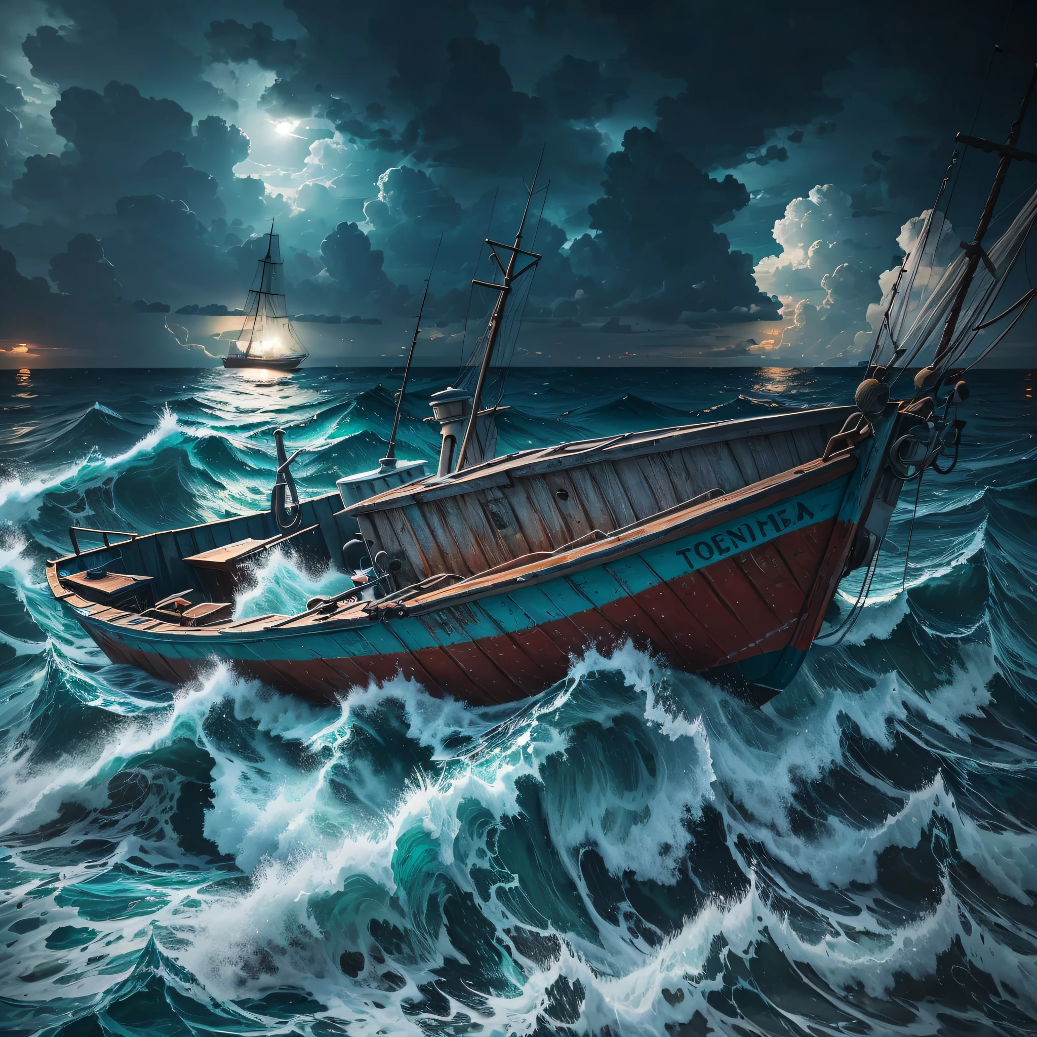 Sea, a fishing boat, night, stormy, highest quality, super detail, masterpiece, high resolution, (8k), (super detailed CG), octane rendering, best lighting --auto --s2