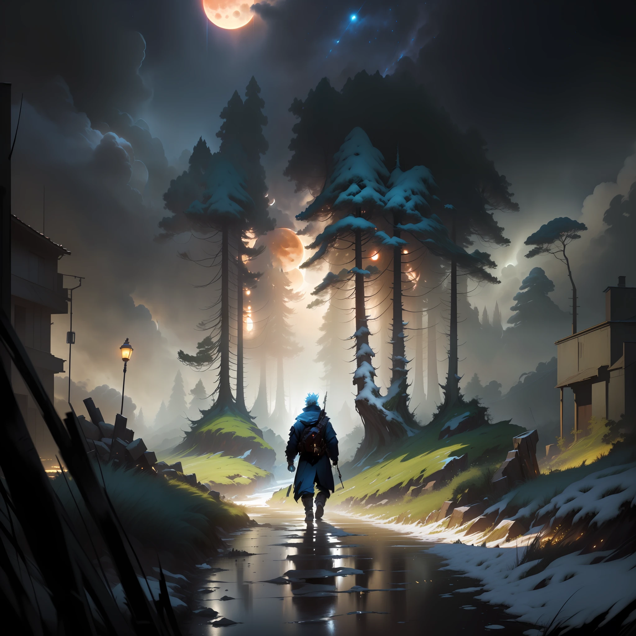 anime scene of a man walking down a road in the woods, concept art wallpaper 4k, inspired by Andreas Rocha, andreas rocha style, anime lush woods, digital painting concept art, anime art wallpaper 4k, anime art wallpaper 4 k, makoto sinkai, painted by andreas rocha, makoto shinkai cyril rolando,movie poster, masterpiece, best quality, doomsday, The Red Moon, Complex and changeable seasons,(nighttime view with cloud layer and a full moon:1.35), wide angle, Grandiose scenes, (There are no humans,suburbs,the trees,ore,Many wandering zombies:1.2), Blurred faces, Depth-Of-Field, HDR, Absurd resolution, absurdres, chiaroscuro, cinematic lighting, backlighting, film grain, chiaroscuro, cinematic lighting, backlighting, atmospheric perspective, chiaroscuro, cinematic lighting, backlighting, film grain,The back of a man, The back of the person,double exposure, masterpiece, high quality, high details, masterpiece, high quality, high details, best quality, masterpiece,HDR, Absurd resolution, absurdres, BREAK