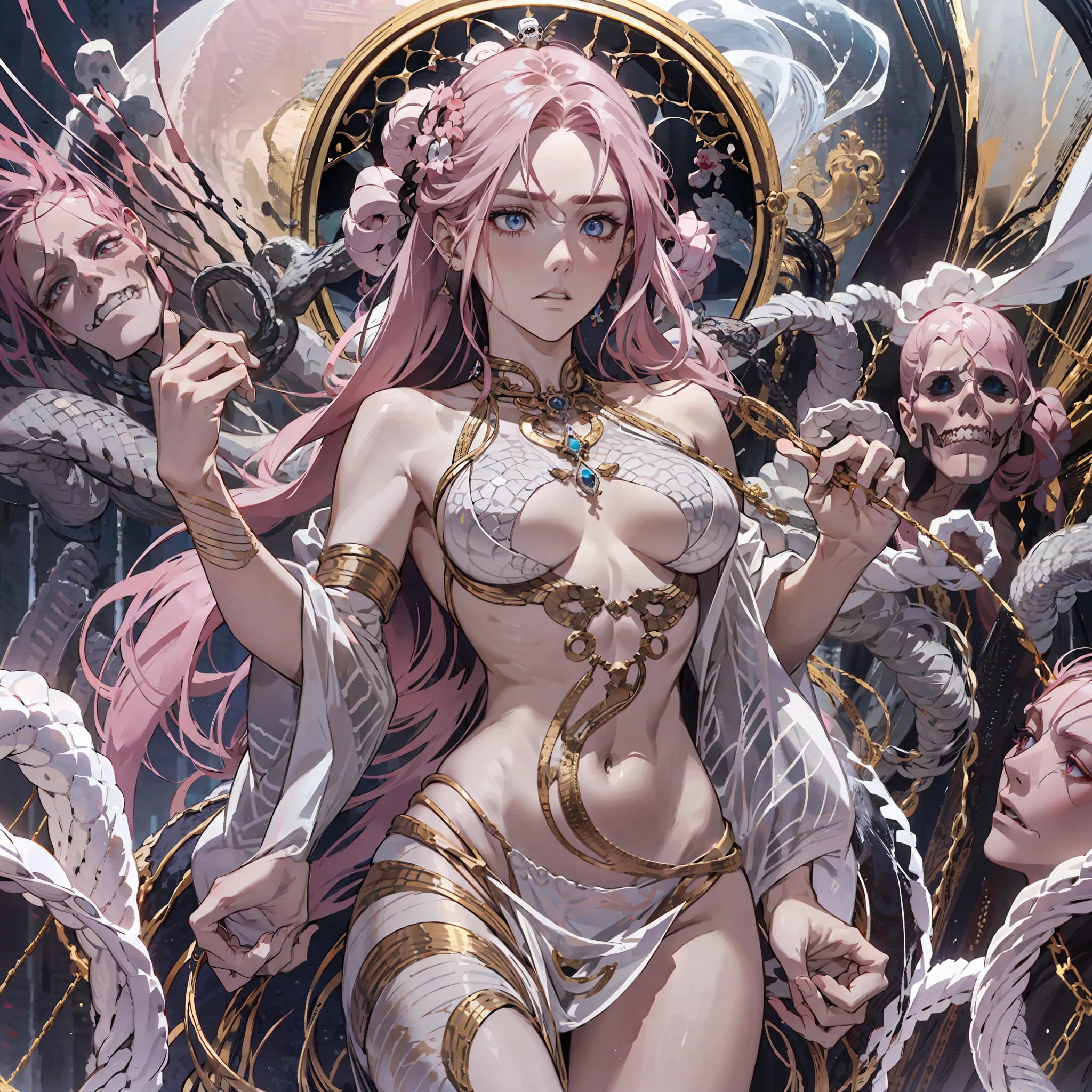 Medusa, hair composed of pink snakes, reddish white eyes, ultra-detailed sea surface, skulls in the reflection of her eyes, background of white stone statues of muscular and mature men, expression of anger and hatred, symbol of the feminine in the center, well-structured female body, golden jewels all over her body