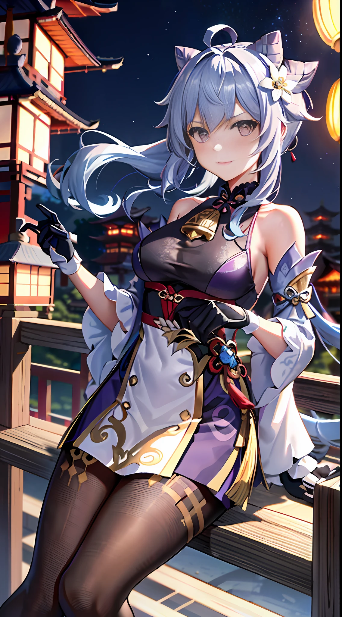 ganyu\(genshin impact\), 1girl, ahoge, architecture, bangs, bare shoulders, bell, black gloves, black tights, ((blue hair), blush, breasts, chinese knot, sleeve, East Asian architecture, flower knot, glove, horn, long hair, looking at the audience, medium chest, neckbell, night, outdoor, pantyhose, purple eyes, sideburns, solo, tassels, white sleeves, ((masterpiece))