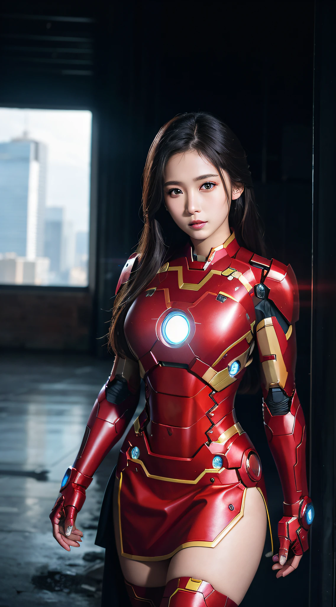 ulzzang-6500-v1.1, (raw photo:1.2), (photorealistic:1.4), beautiful detailed girl, very detailed eyes and face, beautiful detailed eyes, ridiculous, incredibly ridiculous, huge file size, super detailed, high resolution, very detailed, best quality, masterpiece, ((wearing Iron Man mech)), illustration, very detailed, CG, unified, 8k wallpaper, amazing, fine details, masterpiece, Best quality, very detailed CG unified 8k wallpaper, light on face, movie lighting, 1girl, 16 years old, long white hair, side split, (big breasts), ((dynamic pose))), (((sexy pose))), (half), ((black hip skirt))), realistic, attractive, very detailed, a 20 year old girl a sexy and charming woman inspired by Iron Man and wearing a shiny Iron Man mech. Her dress shows sexiness and confidence, perfectly interpreting the power and charm of Iron Man. The abandoned warehouse serves as a backdrop, creating a unique atmosphere that highlights her bravery and perseverance. The cloudy sky adds a touch of tension and mystery to the entire scene. This high-definition, high-quality image will give you a stunning visual experience, including detailed abandoned warehouses and shiny mechs. OC rendering, dramatic lighting, award-winning quality