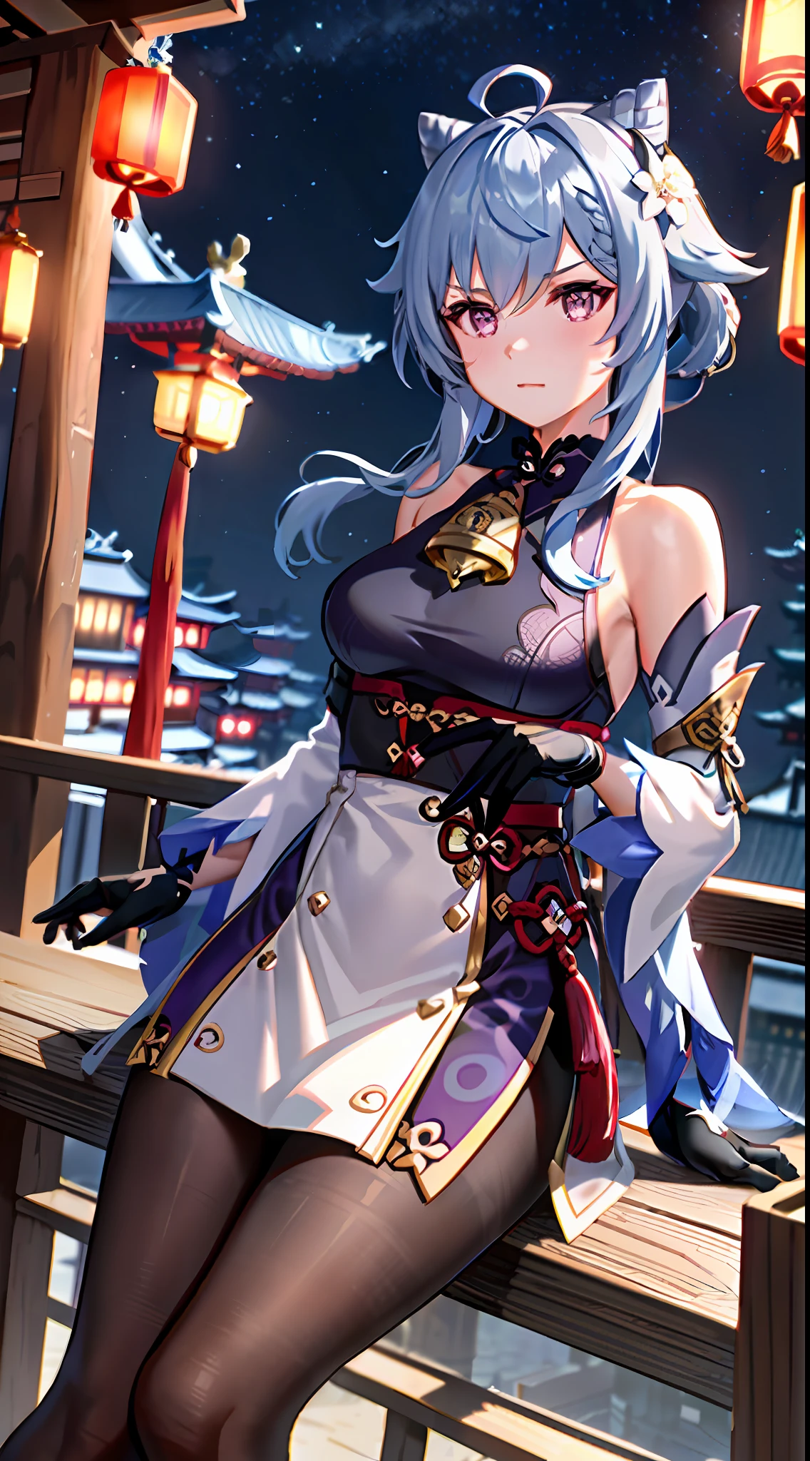ganyu\(genshin impact\), 1girl, ahoge, architecture, bangs, bare shoulders, bell, black gloves, black tights, ((blue hair), blush, breasts, chinese knot, sleeve, East Asian architecture, flower knot, glove, horn, long hair, looking at the audience, medium chest, neckbell, night, outdoor, pantyhose, purple eyes, sideburns, solo, tassels, white sleeves, ((masterpiece))