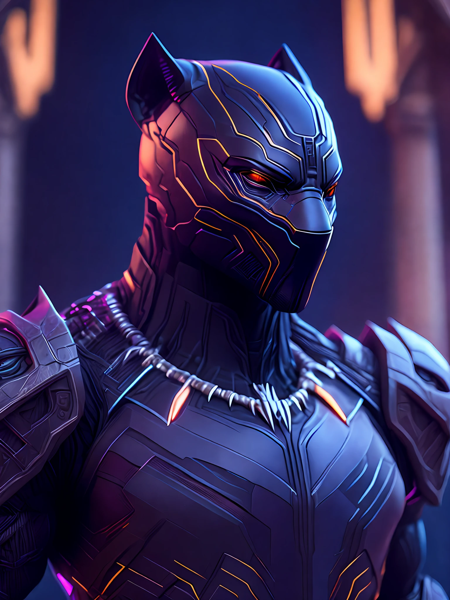 Portrait, Black Panther from Marvel, biomechanical, complex robot, full-length, hyper-realistic, insane small details, extremely clean lines, cyberpunk aesthetic, masterpiece unveiled at Zbrush Central, gothic brutalist cathedral, cyberpunk, award-winning photo, bokeh, neon lights, cybernetic limb