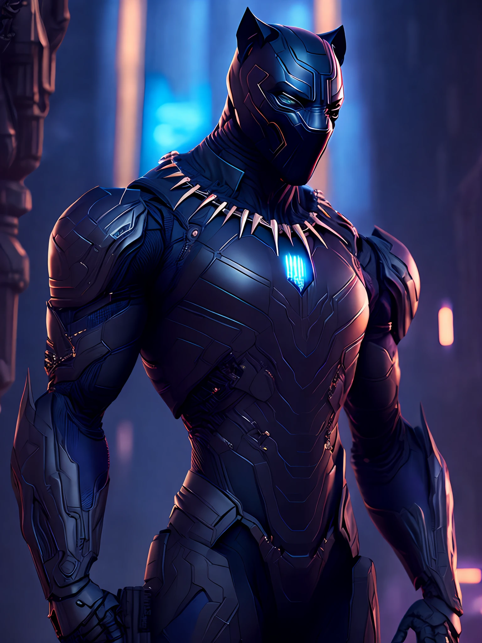 Portrait, Black Panther from Marvel, biomechanical, complex robot, full-length, hyper-realistic, insane small details, extremely clean lines, cyberpunk aesthetic, masterpiece unveiled at Zbrush Central, gothic brutalist cathedral, cyberpunk, award-winning photo, bokeh, neon lights, cybernetic limb