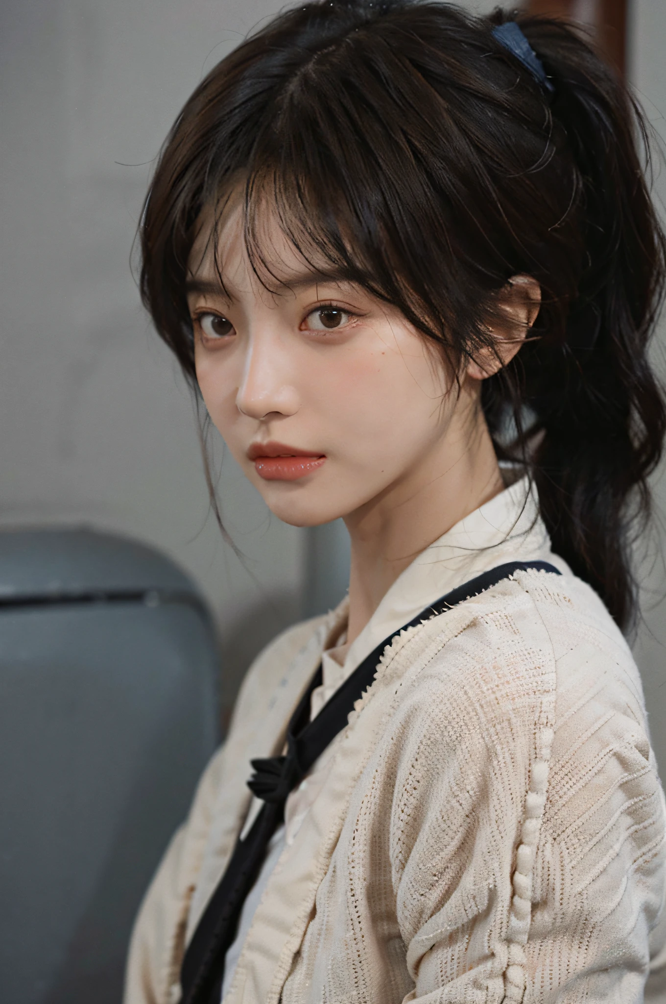 Temperament girl, delicate facial features, bangs, brown double ponytail, messy hair, hair is very realistic, wearing a suspender full body photo