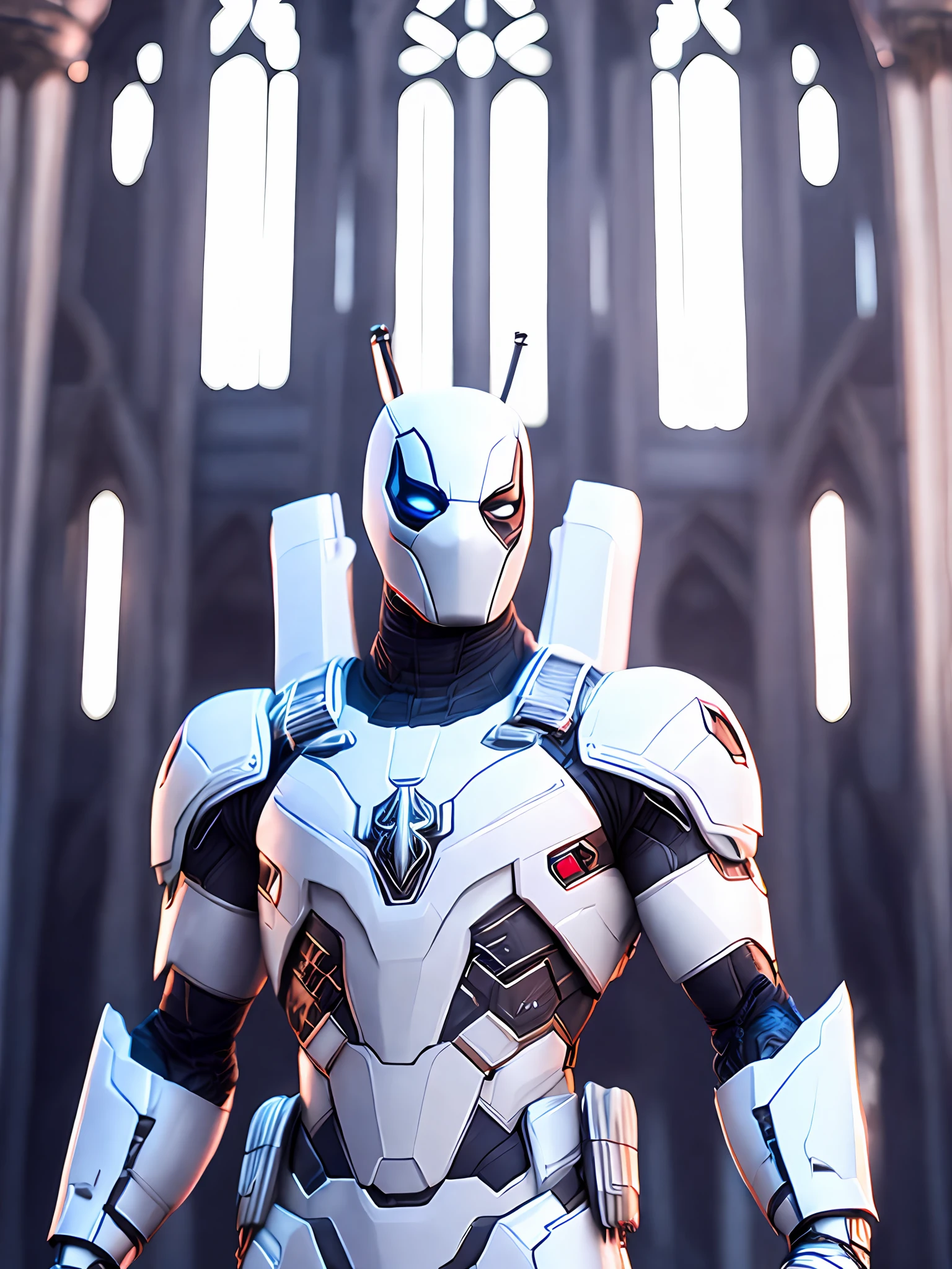 Portrait, White Deadpool from Marvel, Biomechanical, Complex Robot, Full Growth, Hyper-Realistic, Insane Small Details, Extremely Clean Lines, Cyberpunk Aesthetic, Masterpiece Featured at Zbrush Central, Gothic Brutalist Cathedral, Cyberpunk, Award-Winning Photo, Bokeh, Neon Lights, Cybernetic Limb